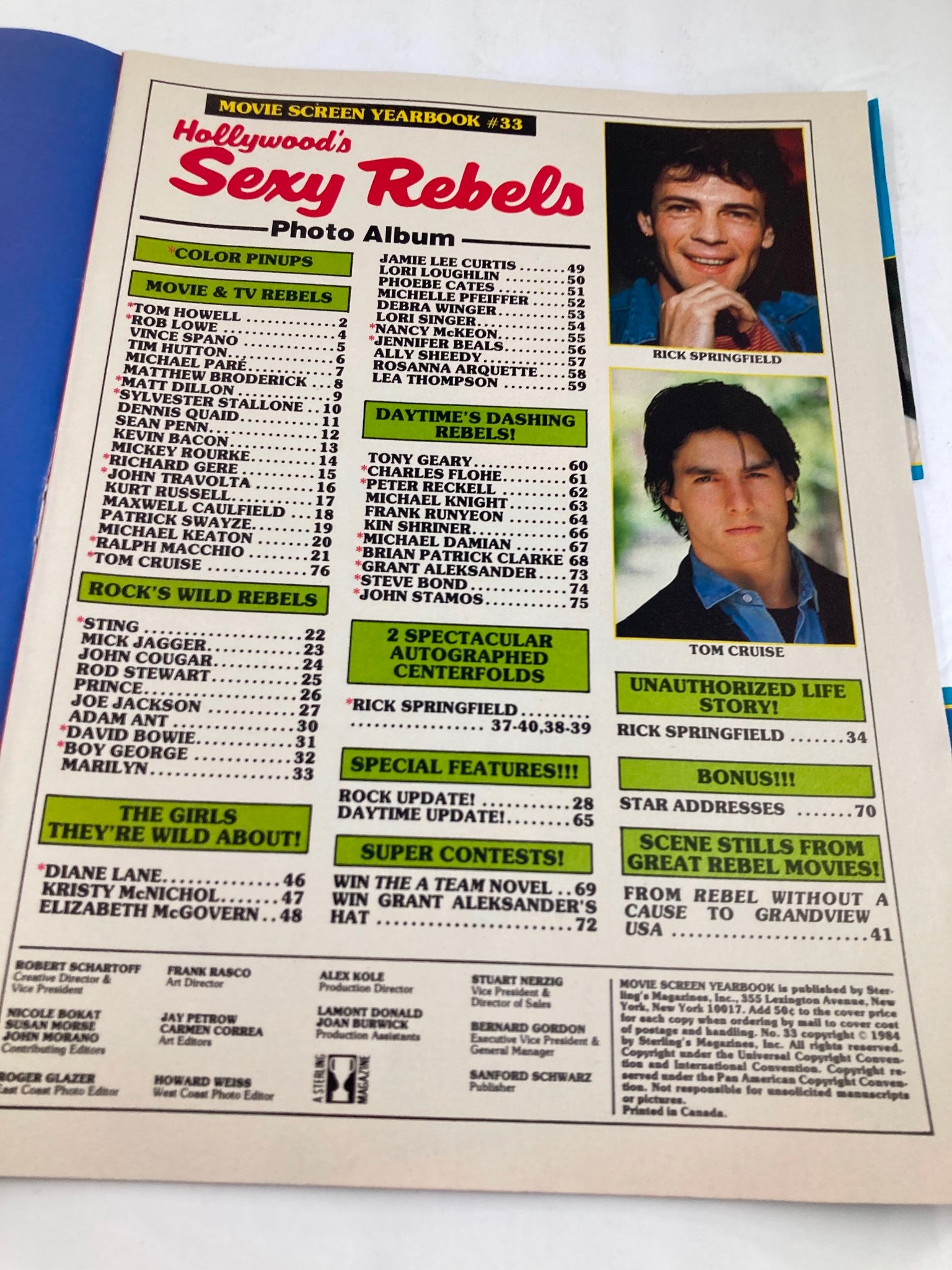 Interior page of VTG Hollywood's Sexy Rebels Yearbook 1984 #33, featuring a list of celebrities including Tom Howell and Tom Cruise, highlighting the pop culture of the 1980s.