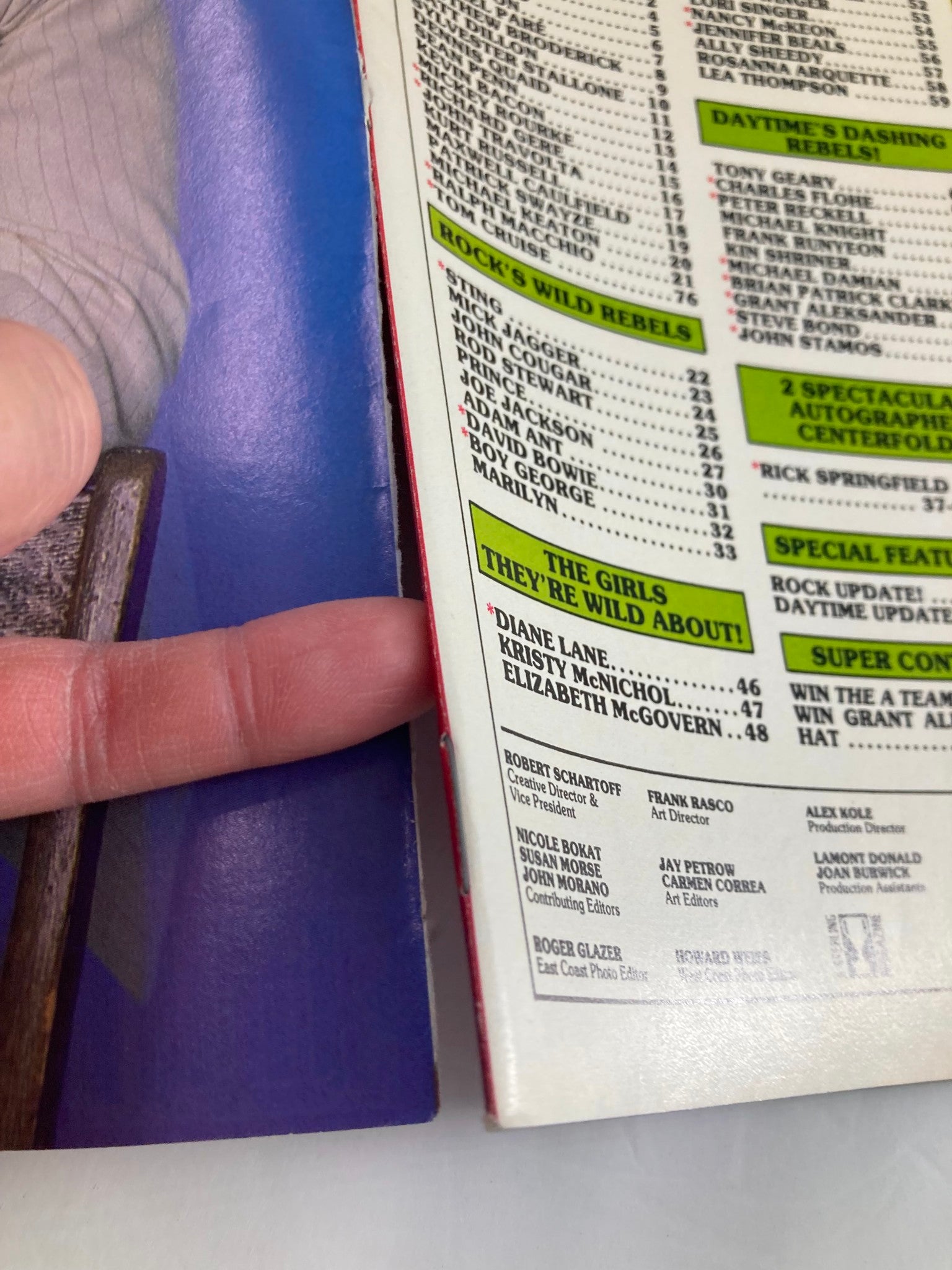 Close-up of the contents page from VTG Hollywood's Sexy Rebels Yearbook 1984 #33, featuring highlighted sections on prominent celebrities and features of the magazine.
