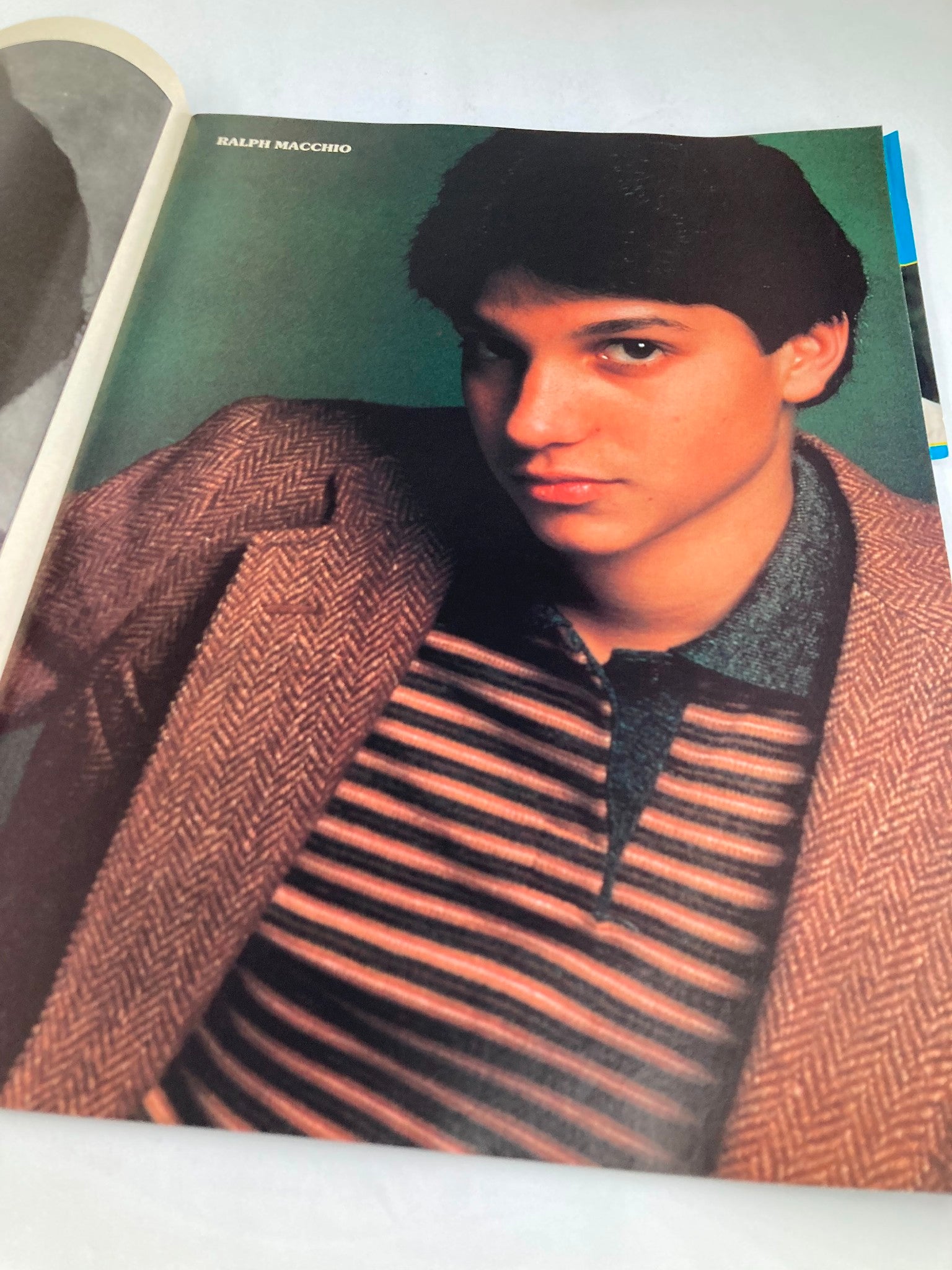 Vintage photo of Ralph Macchio featured in the VTG Hollywood's Sexy Rebels Yearbook 1984, wearing a striped sweater and looking stylish.