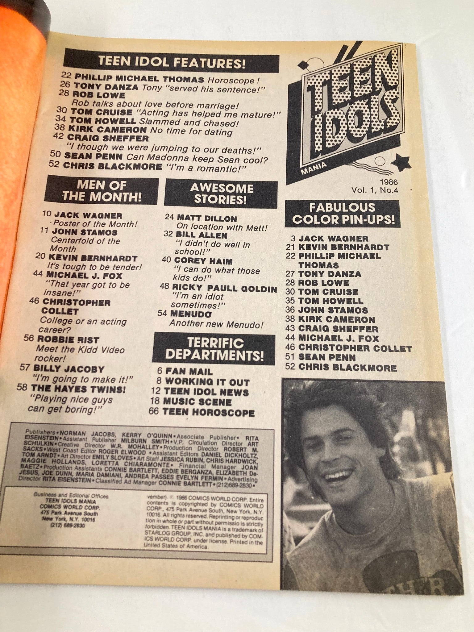 VTG Teen Idols Magazine June 1986 Jack Wagner, Rob Lowe w Poster No Label