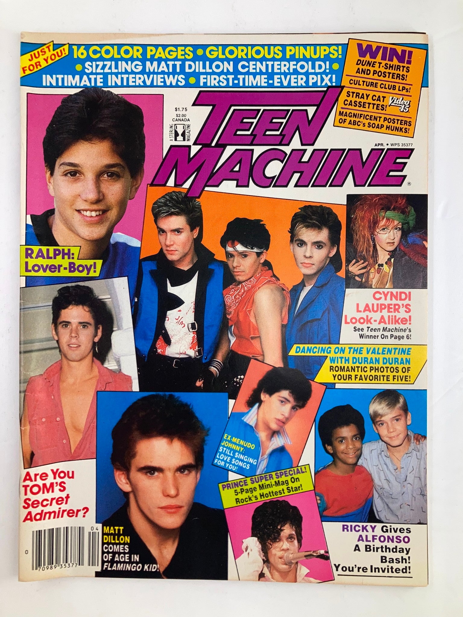 VTG Teen Machine Magazine April Matt Dillon, Cyndi Lauper w Poster No Label