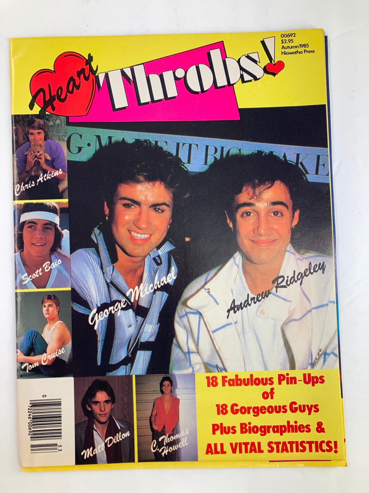 Heart Throbs Magazine Autumn 1985 featuring George Michael and Andrew Ridgeley on the cover, showcasing vibrant 1980s pop culture and fashion. Includes additional prominent figures like Tom Cruise and Matt Dillon, emphasizing the magazine's collectible nature.