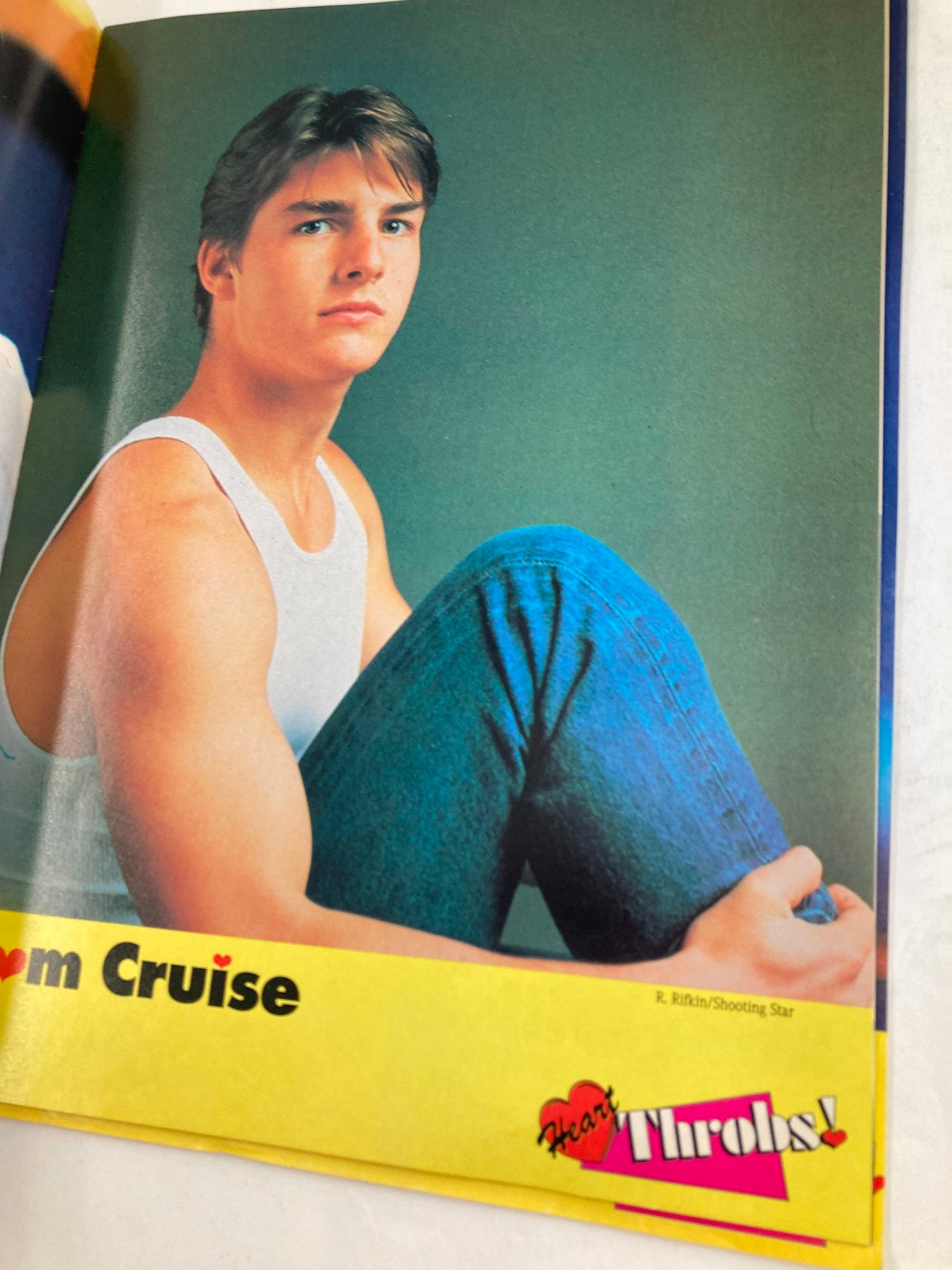 VTG Heart Throbs Magazine Autumn 1985 highlighting a young Tom Cruise in a casual tank top, demonstrating the fashion trends of the 1980s.