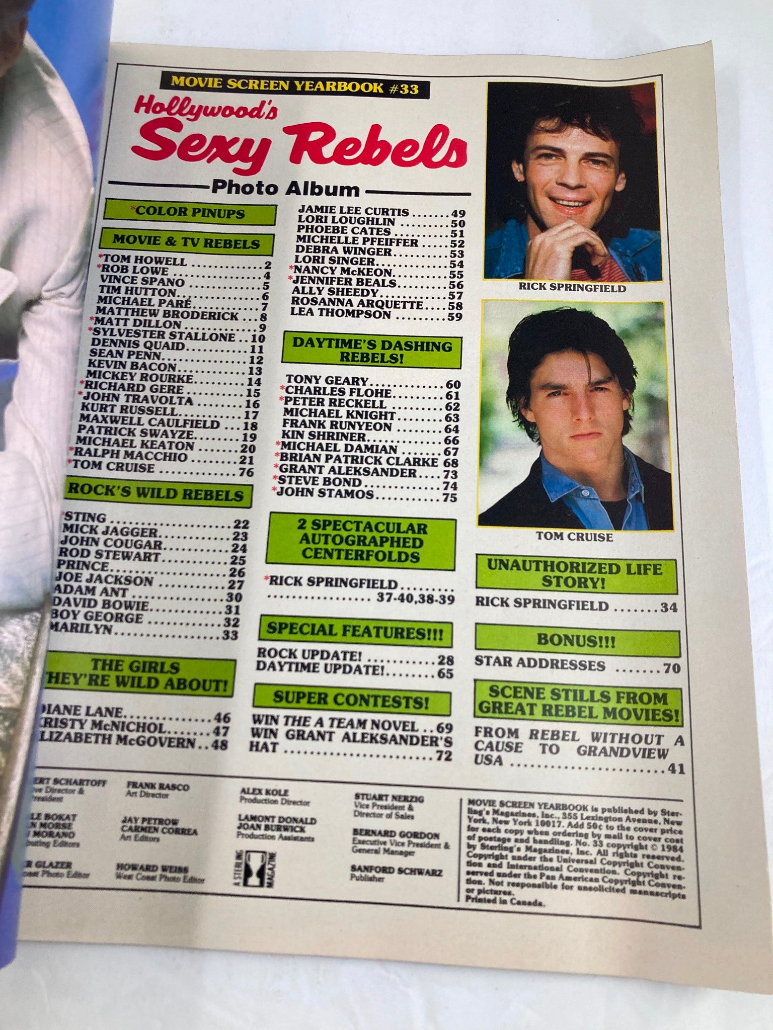 VTG Hollywood's Sexy Rebels 1984 #33 Tom Howell, Rick Springfield No Label