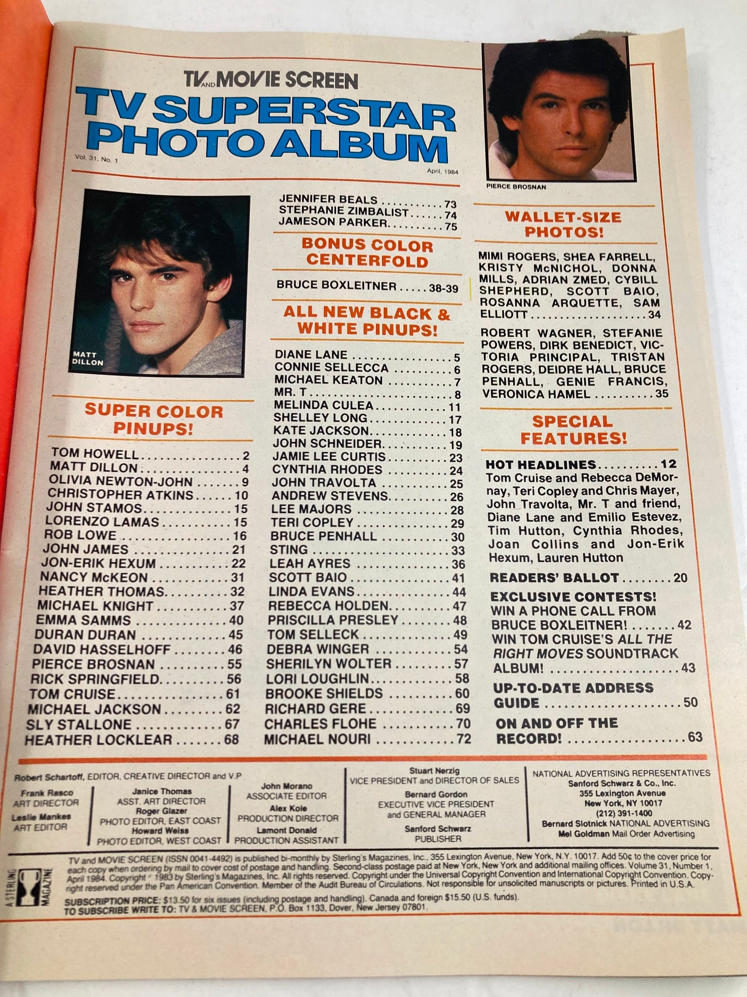 Inside page of VTG TV Superstar Photo Album April 1984 Vol 31 #1 with a list of pinups and features, including a centerfold of Bruce Boxleitner, reflecting the pop culture of the 1980s.