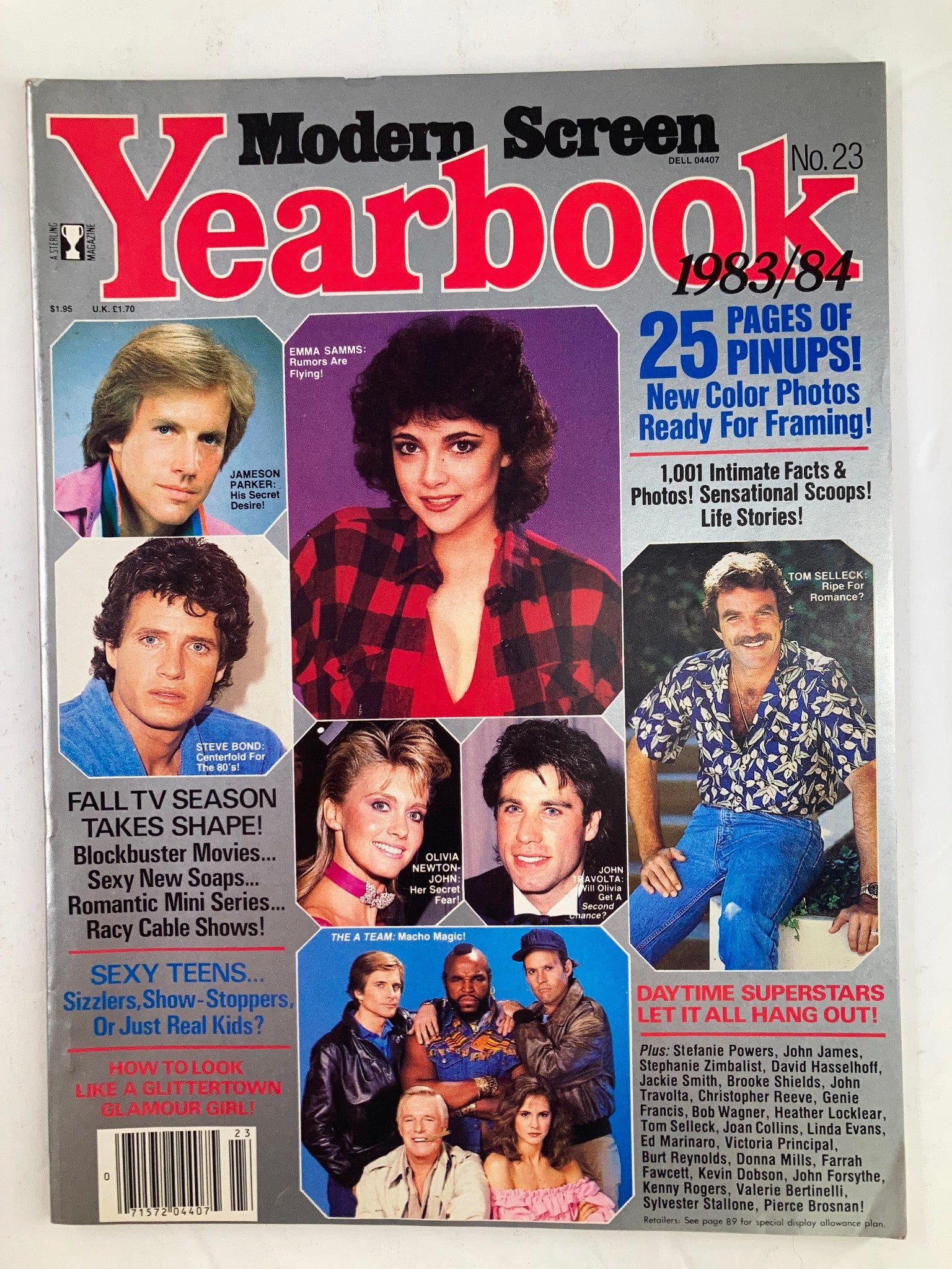 Cover of VTG Modern Screen Yearbook No. 23 1983 featuring Jameson Parker and Emma Samms, showcasing stars from the early 1980s with vibrant red text highlighting key features.
