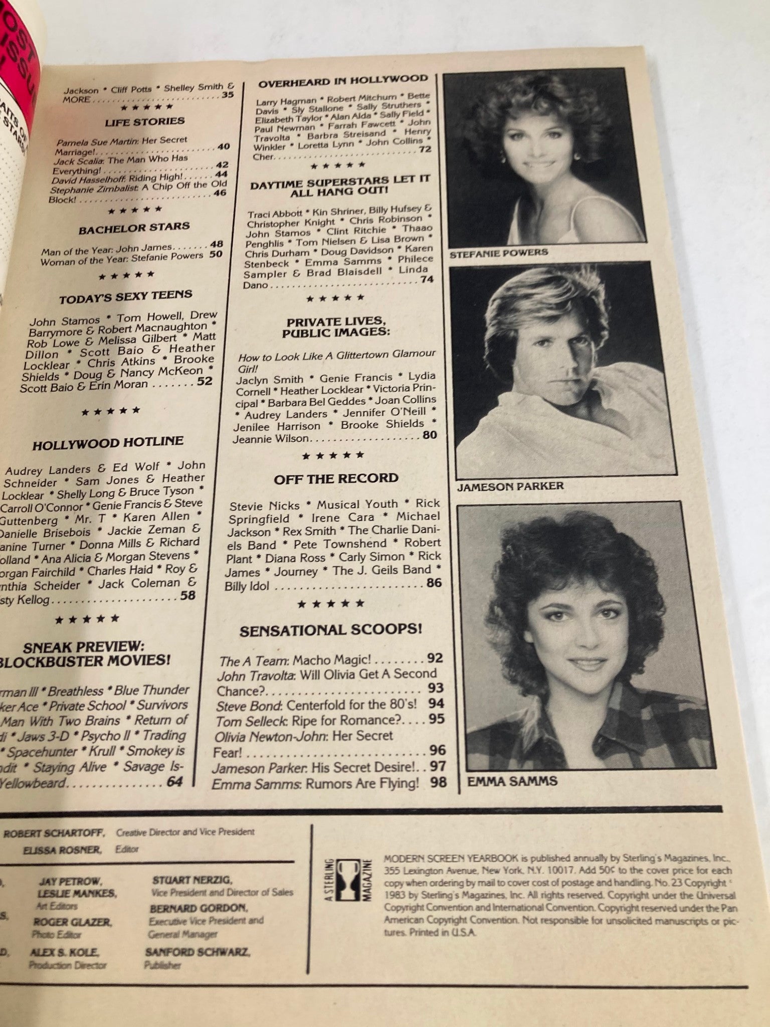 Another inside page of VTG Modern Screen Yearbook No. 23 1983 featuring black and white headshots of TV personalities including Stefanie Powers and Jameson Parker, with lists of featured articles.