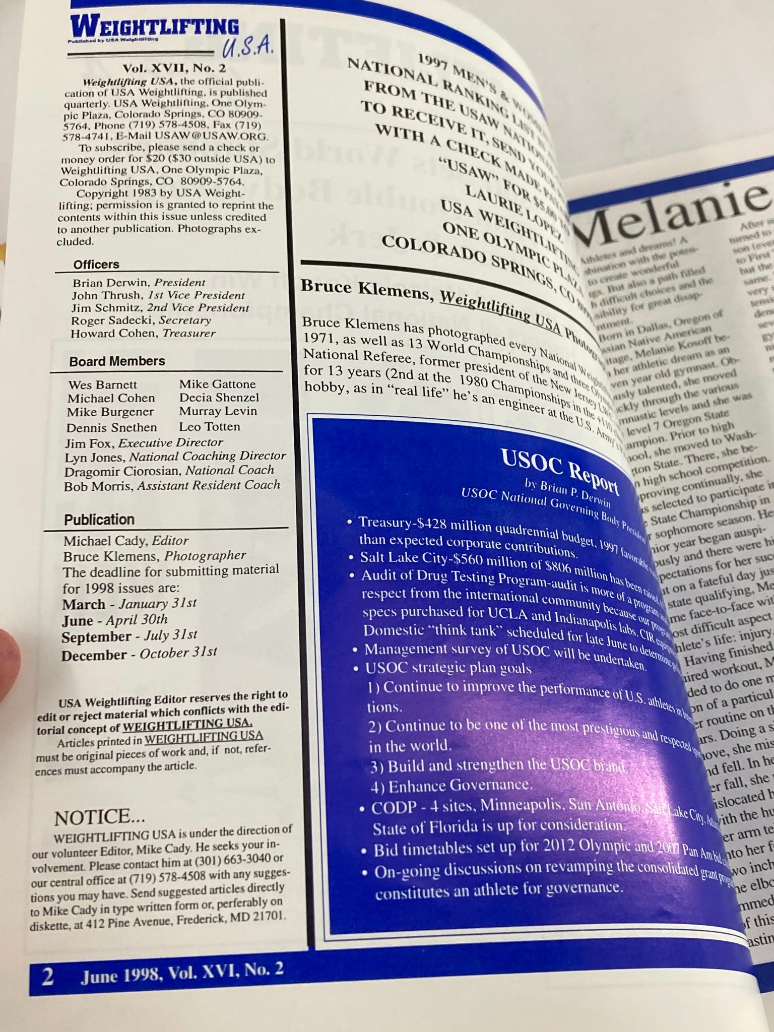 Weightlifting USA Magazine Vol 16 #2 June 1998 Tim McRae and Melanie Kosoff