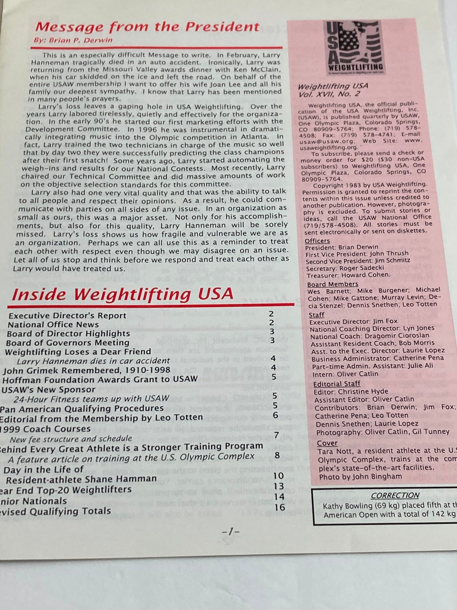 Weightlifting USA Magazine Vol 17 #2 March 1999 Tara Nott US Olympic Complex