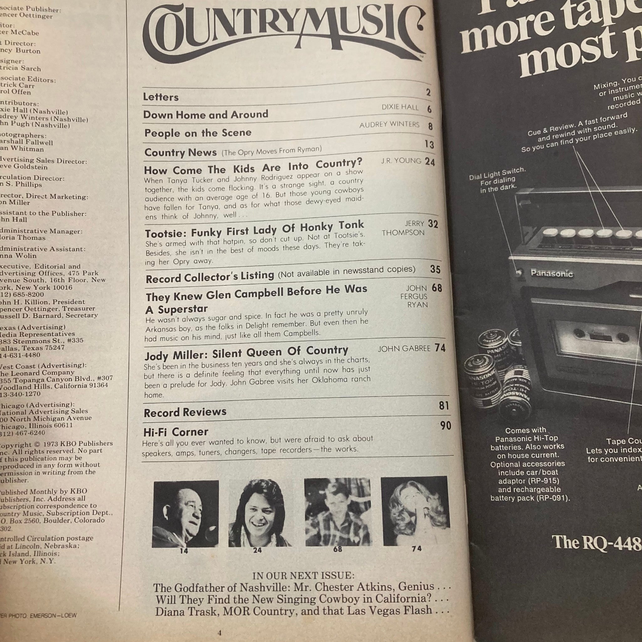 Interior page from the VTG Country Music Magazine March 1974 featuring articles and news related to country music, including topics on Tanya Tucker and Glen Campbell.