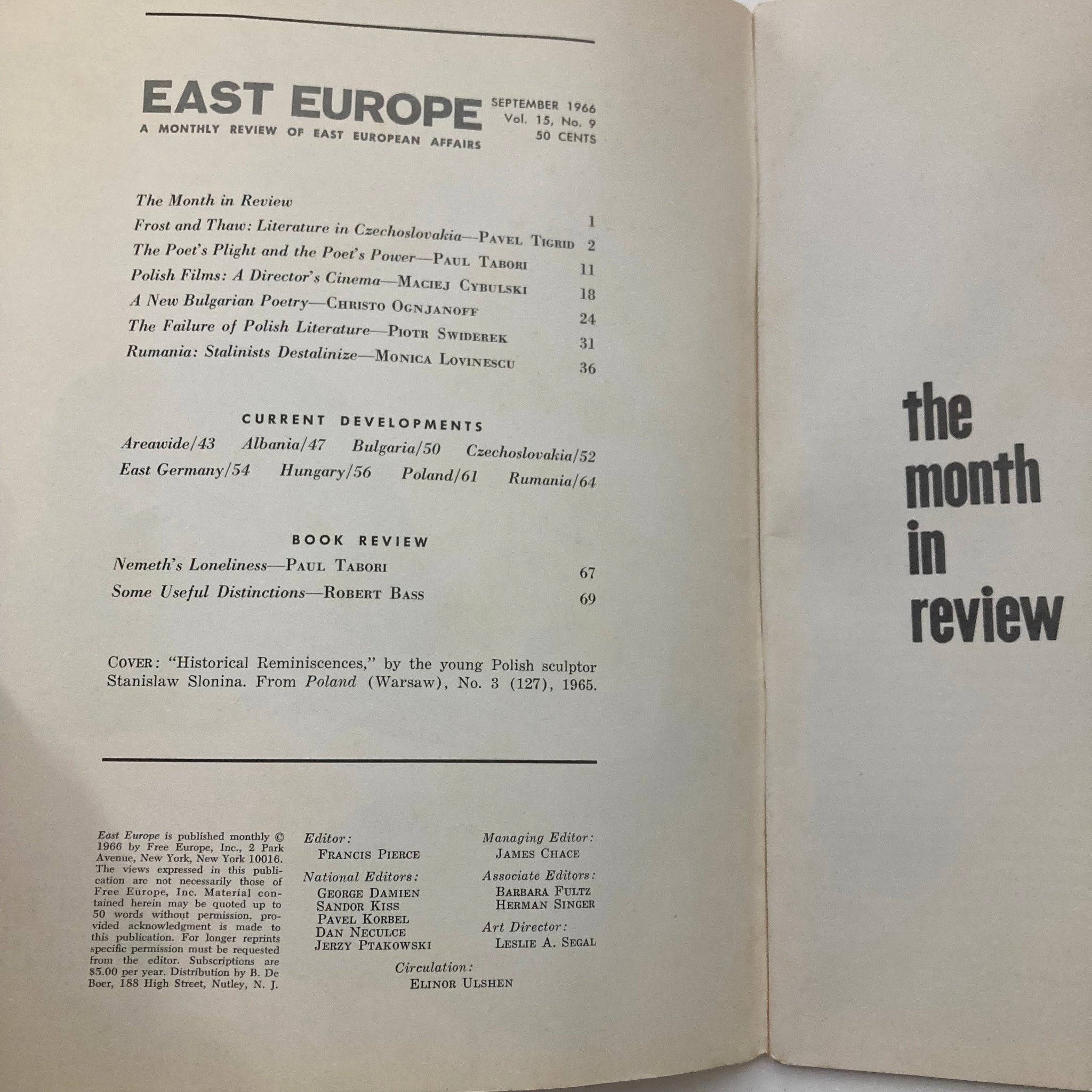 Interior page of VTG East Europe Magazine from September 1966 Vol 15 #9, displaying the table of contents and articles related to cultural and societal trends in Eastern Europe.