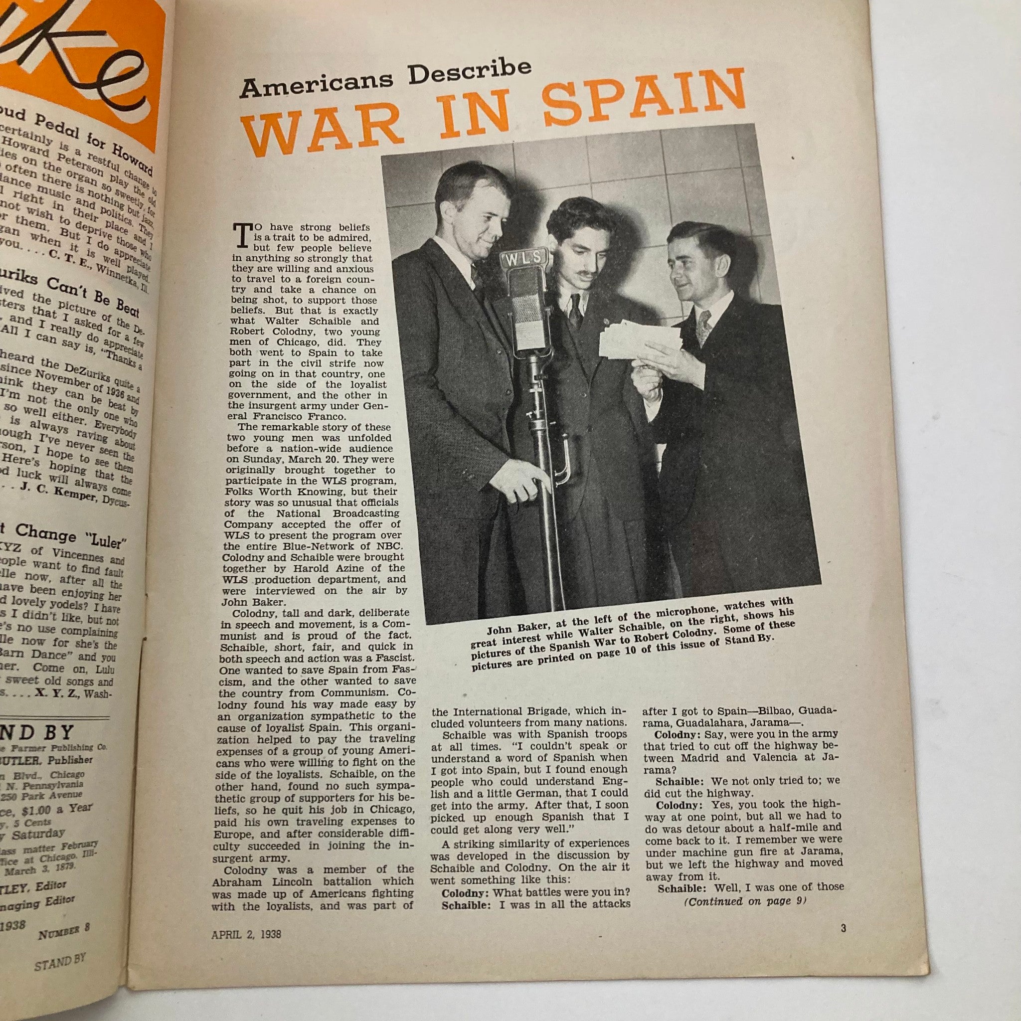 VTG Stand By Magazine April 2 1938 Barbara Luddy and Americans in Spain