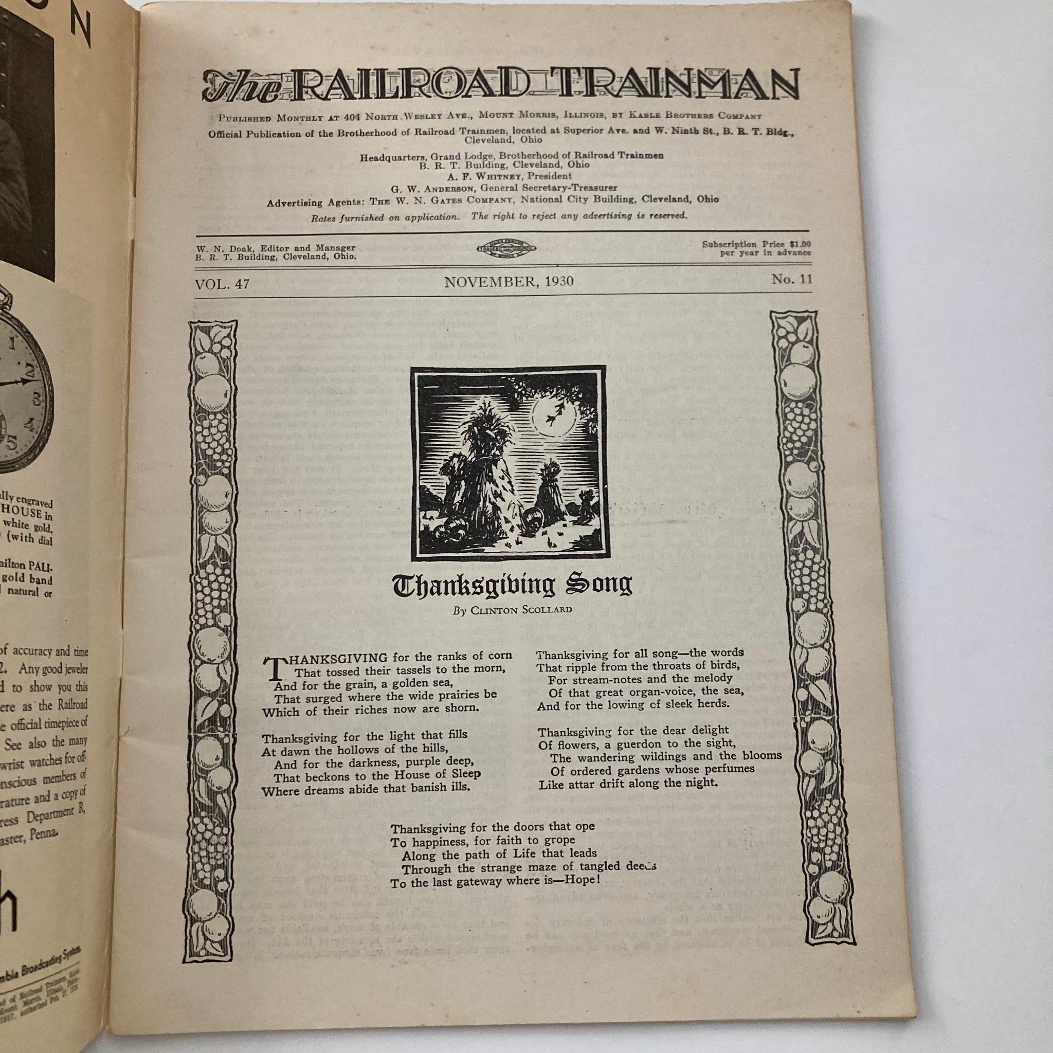 VTG The Railroad Trainman Magazine November 1930 Vol 47 No. 11 Thanksgiving Song