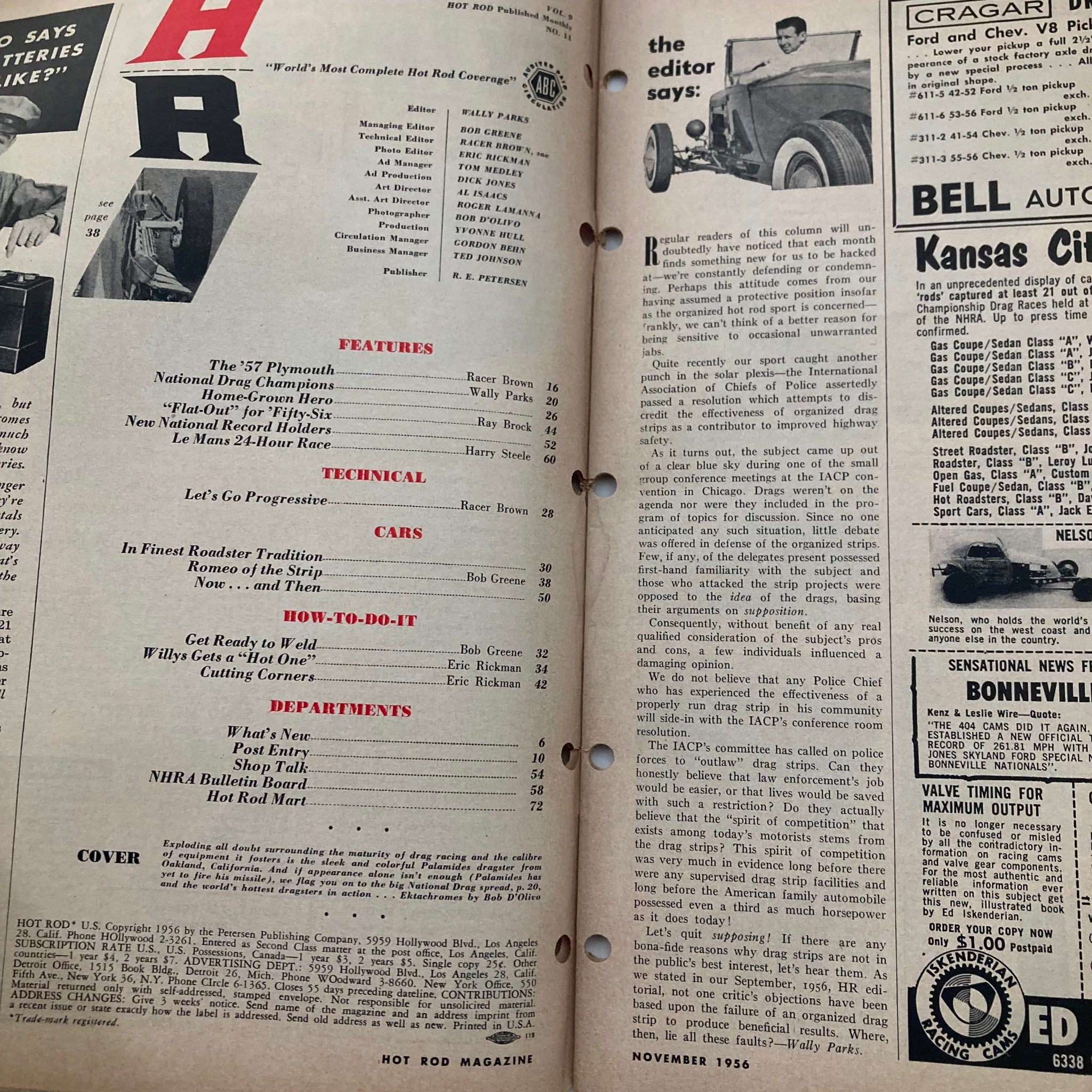 VTG Hot Rod Magazine November 1956 Vol 9 No. 11 Fastest 1/4-Milers in Action