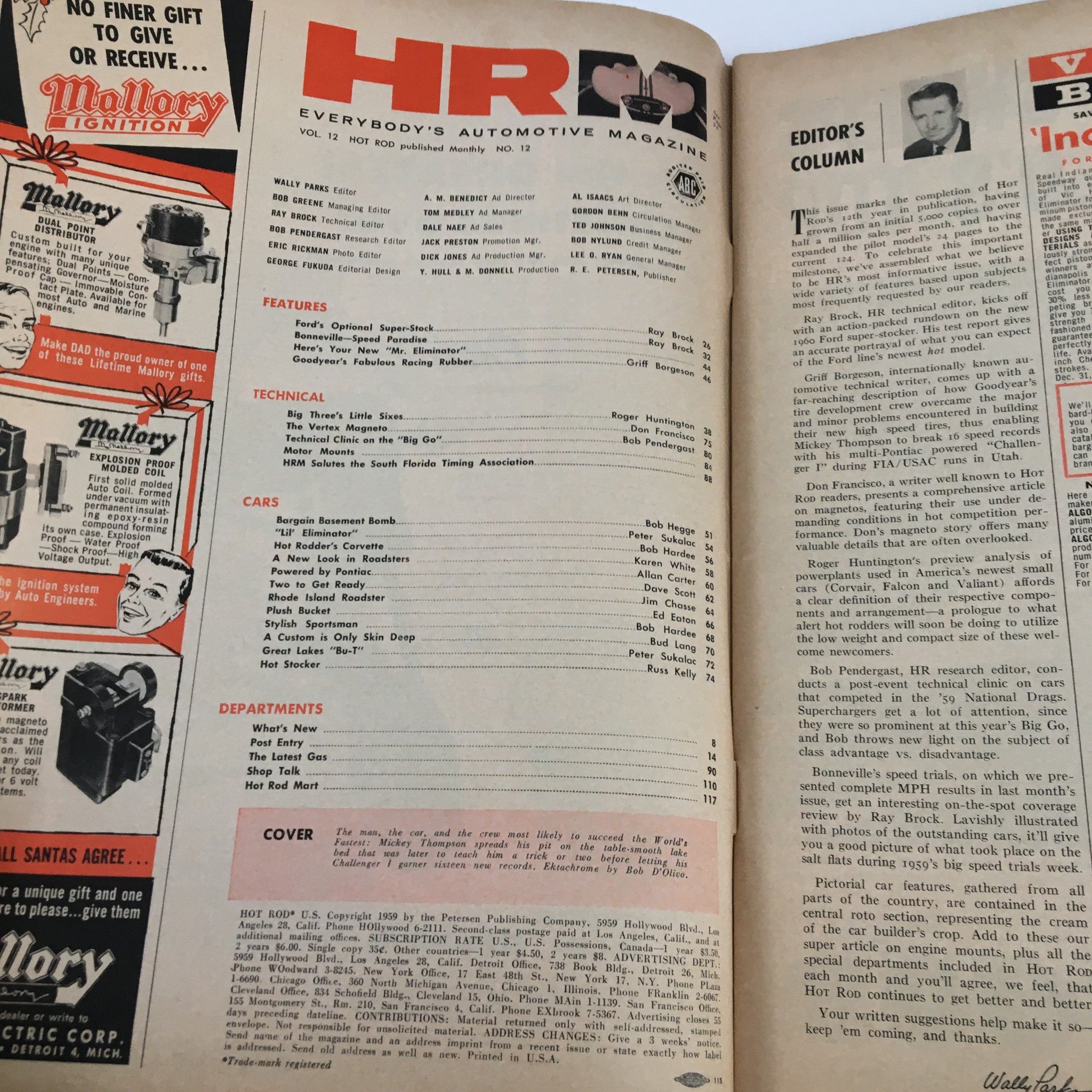 Interior page of VTG Hot Rod Magazine December 1959 displaying the magazine's table of contents and editor's column, highlighting the features related to hot rodding and automotive innovations of the era.