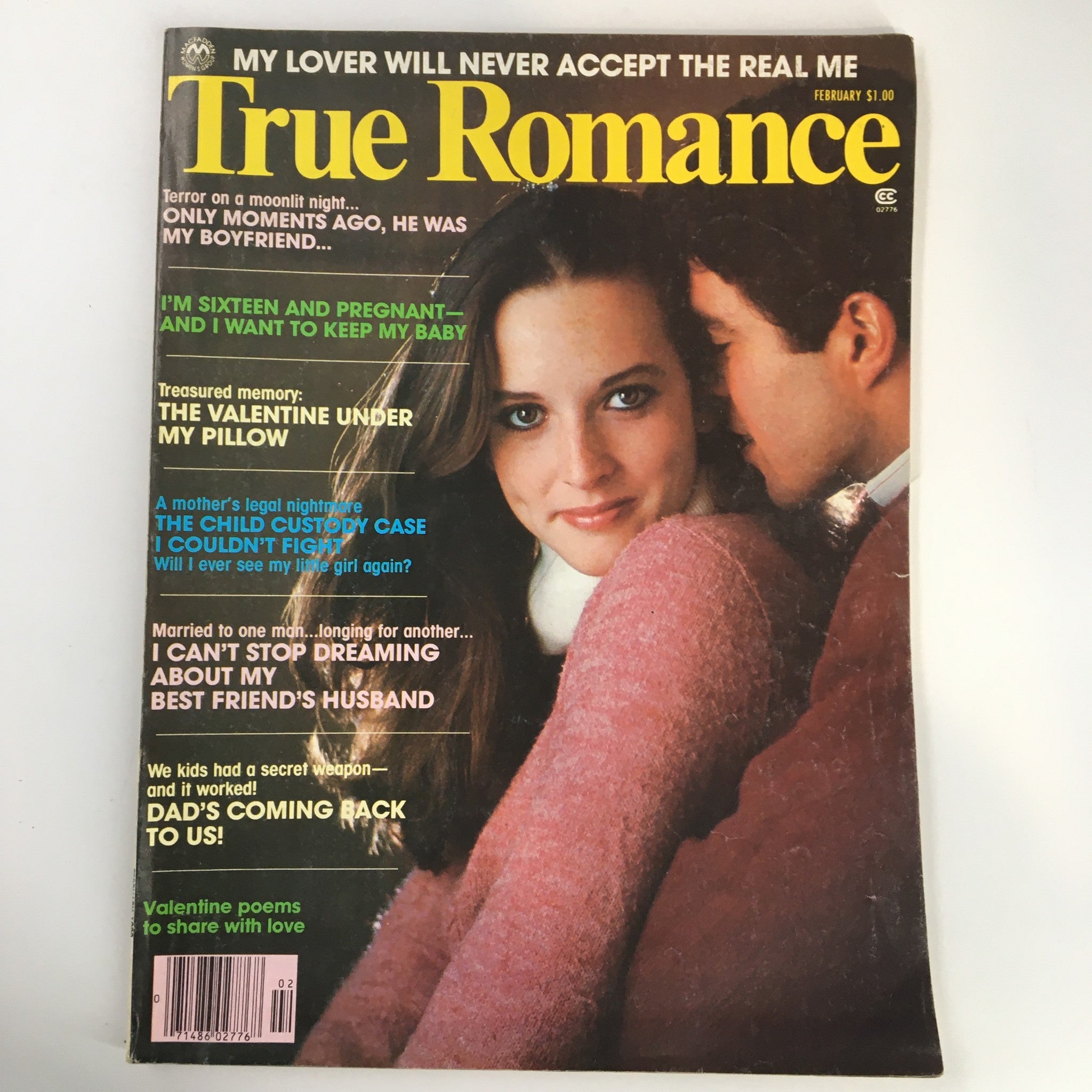 Cover of True Romance Magazine February 1980 featuring the headline 'The Valentine Under My Pillow', with an image of a couple in a romantic embrace. This vintage magazine captures the essence of 1980s love stories and cultural trends.
