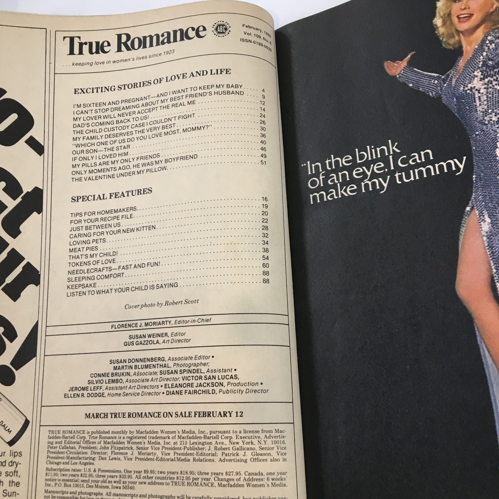 Inside page of True Romance Magazine February 1980 featuring table of contents, stories about love and life, and special features for homemakers.