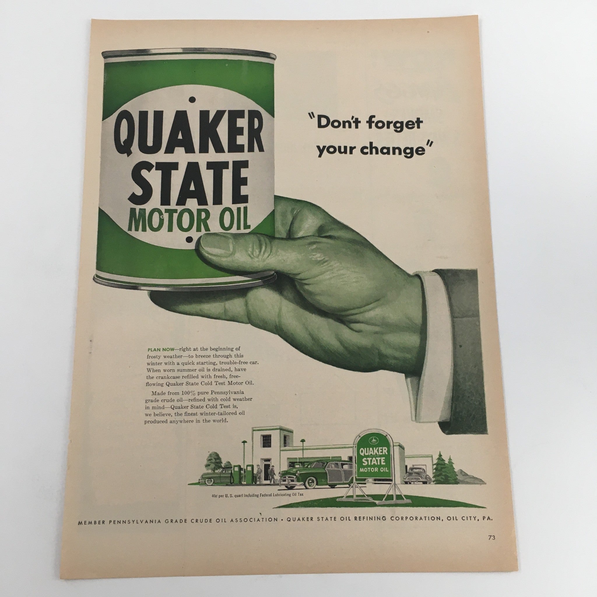 1950 Quaker State Motor Oil Refining Corporation Vintage Print Ad