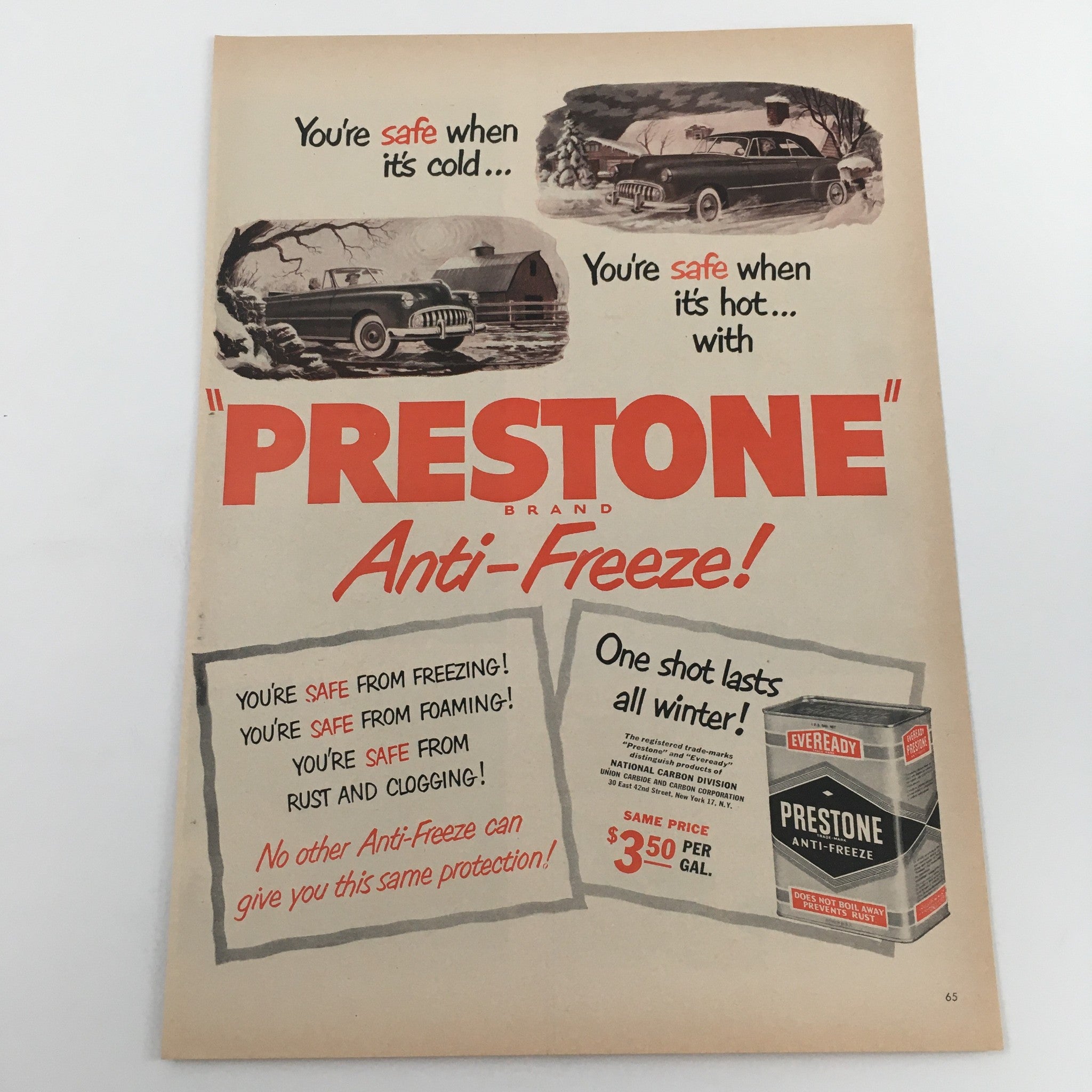 1950 Eveready Prestone Brand Trade-Mark Anti-Freeze Vintage Print Ad