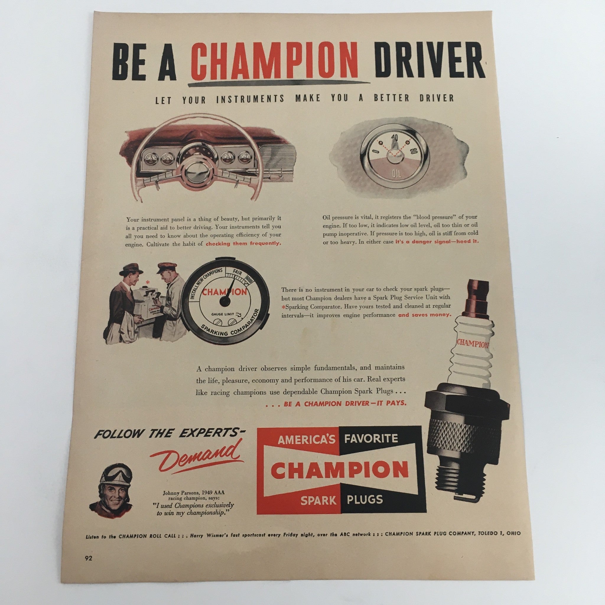 1950 Champion Spark Plugs America's Favorite Vintage Print Ad