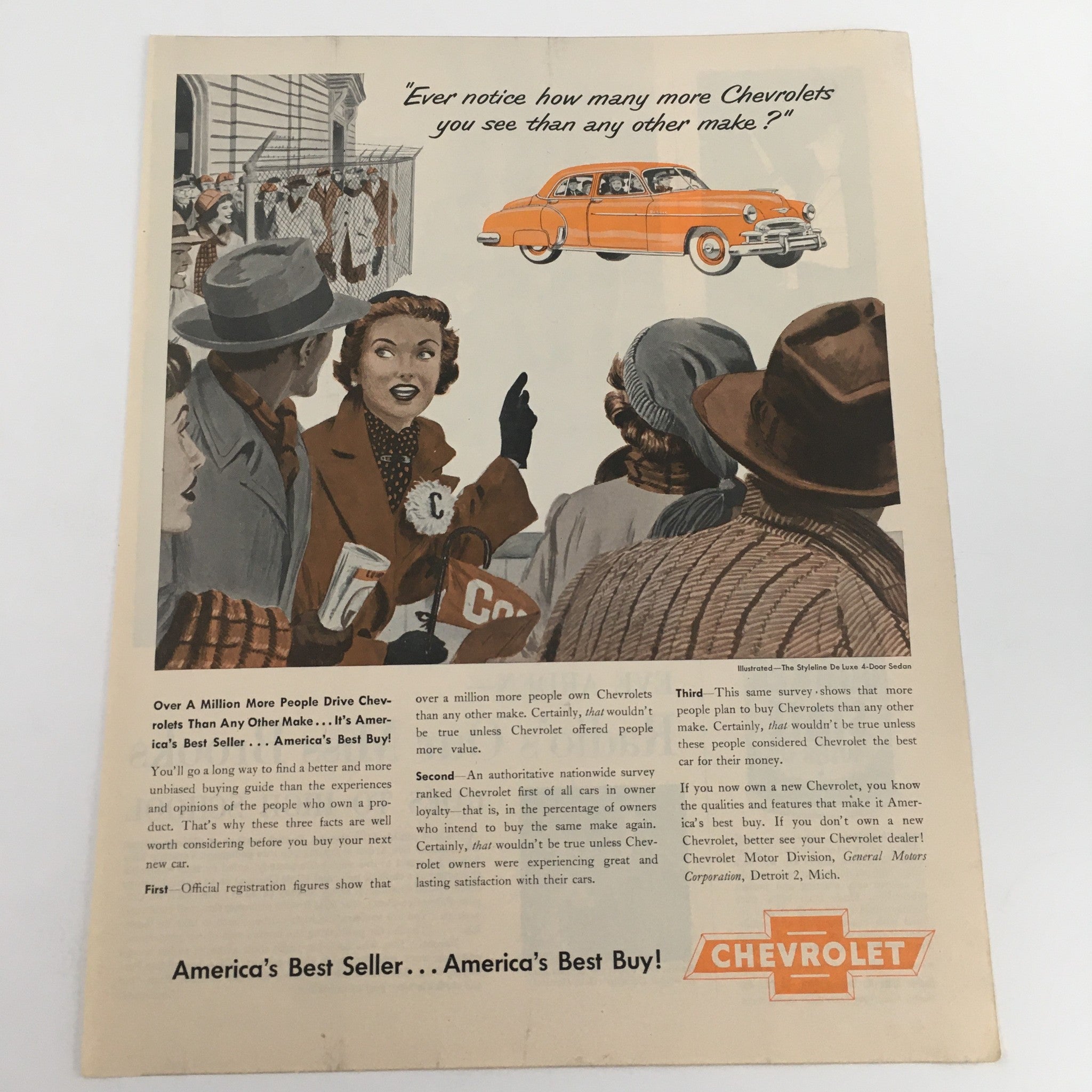 1950 Chevrolet Illustrated The Styleline De Luxe 4-Door Sedan Vintage Print Ad