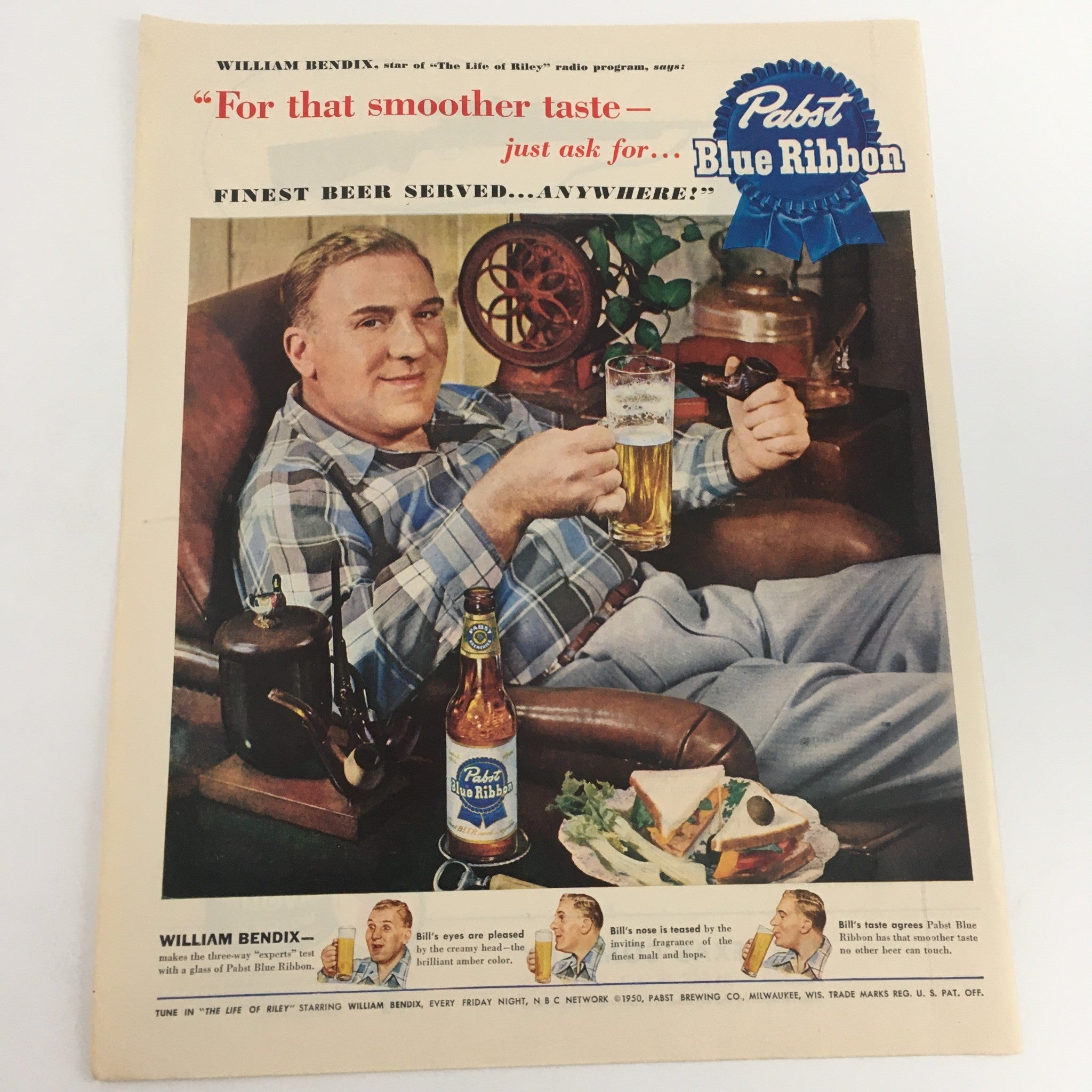 1950 Pabst Blue Ribbon Finest Beer Starring William Bendix Vintage Print Ad