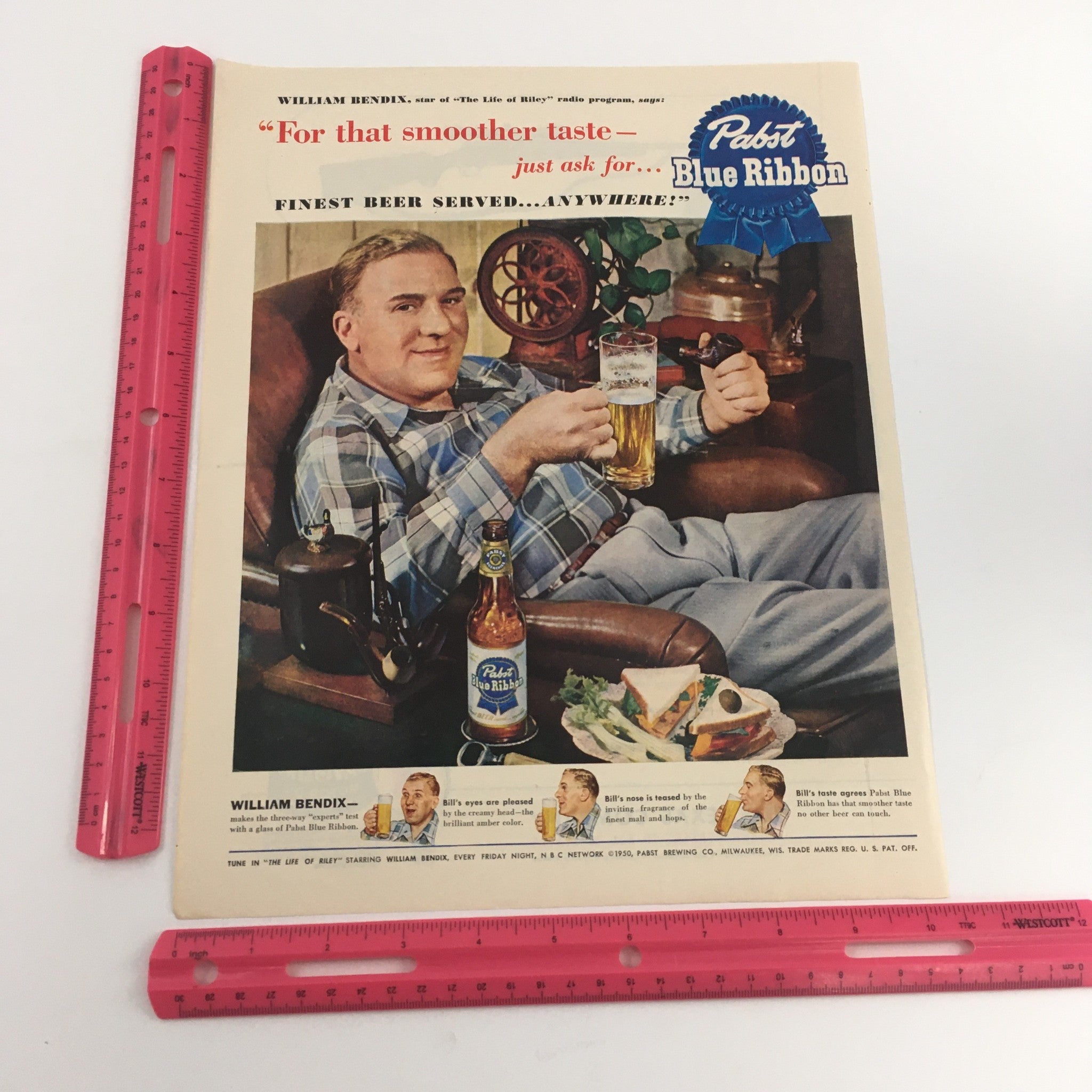 1950 Pabst Blue Ribbon Finest Beer Starring William Bendix Vintage Print Ad