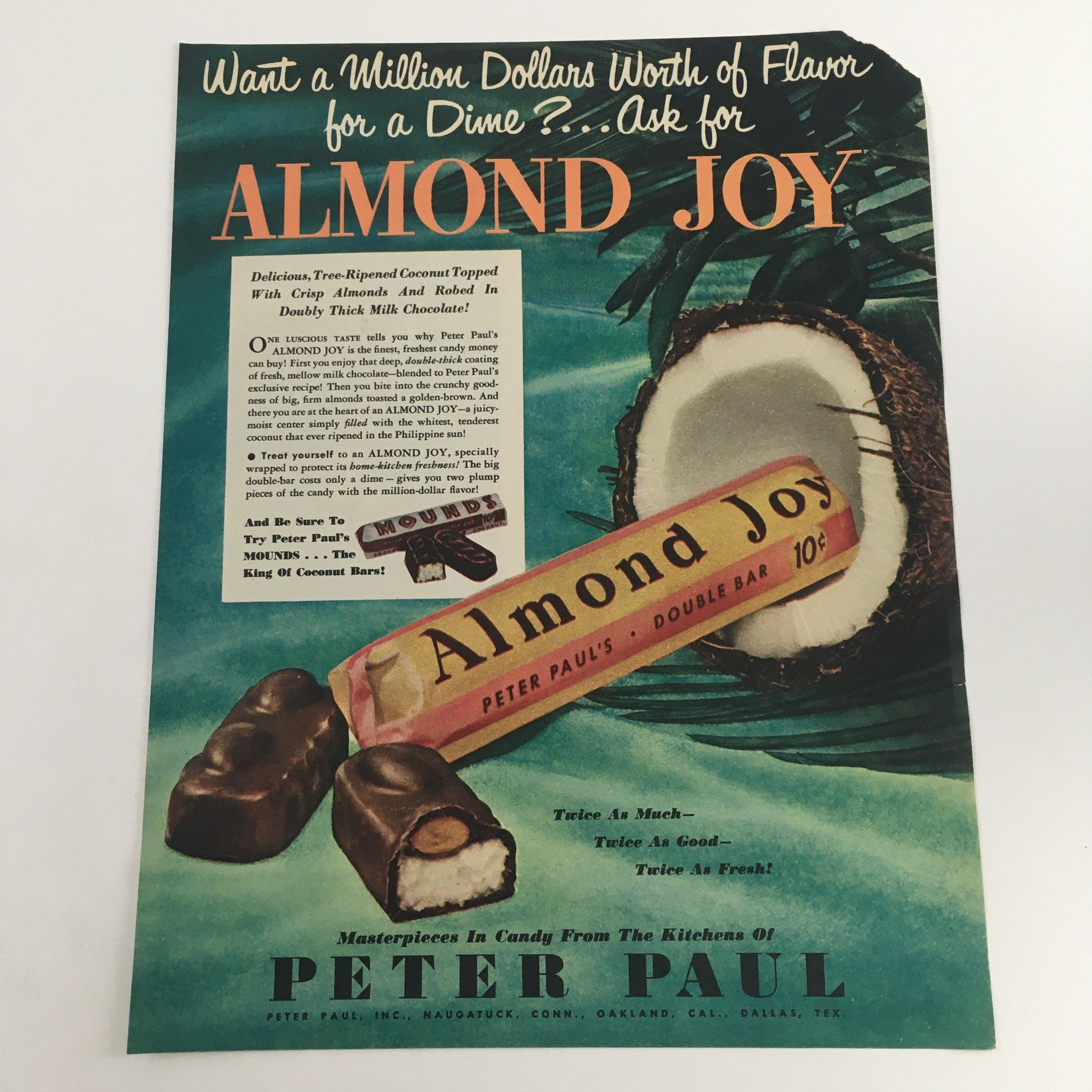 1950 Peter Paul Almond Joy Double Bar Coconut Chocolate Vintage Print Ad