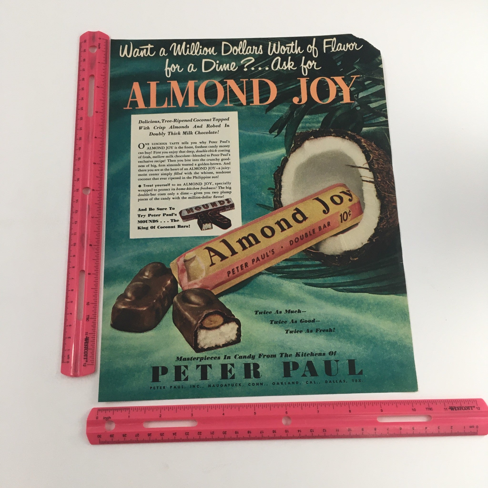 1950 Peter Paul Almond Joy Double Bar Coconut Chocolate Vintage Print Ad