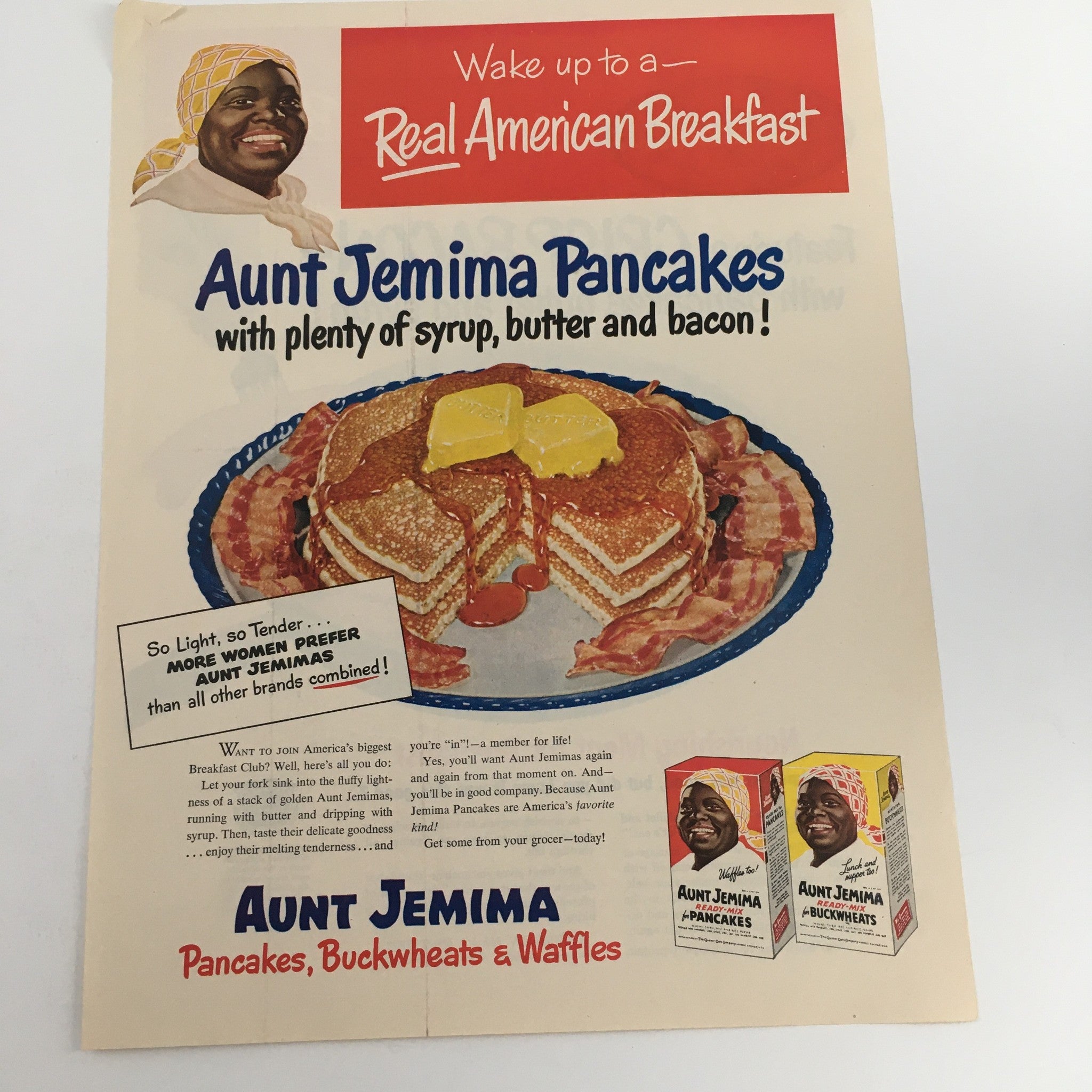 1950 Aunt Jemimas Brand Pancakes, Buckwheat & Waffles Breakfast Vintage Print Ad