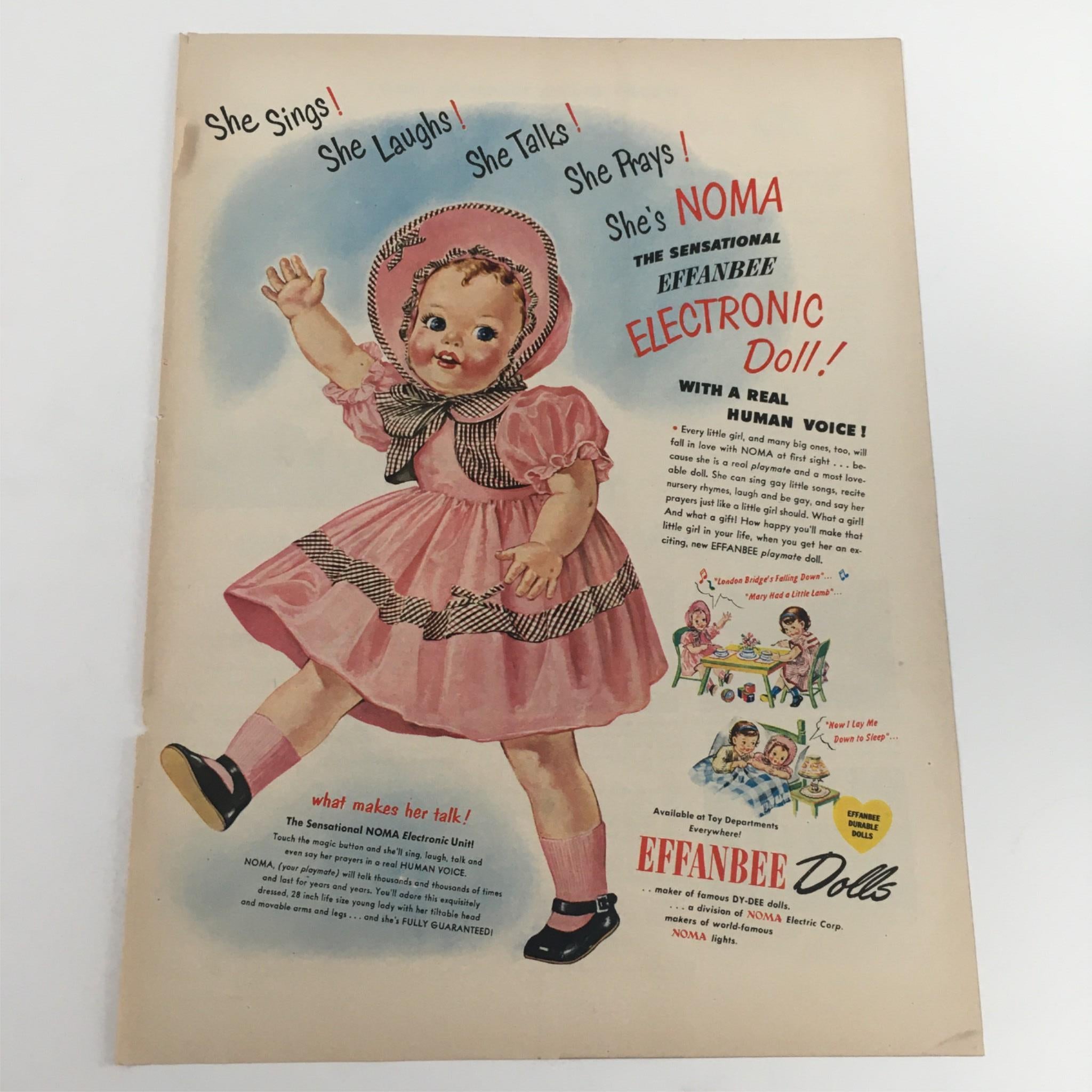 1950 Effanbee NOMA Electronic Unit Talking Dy-Dee Dolls Vintage Print Ad