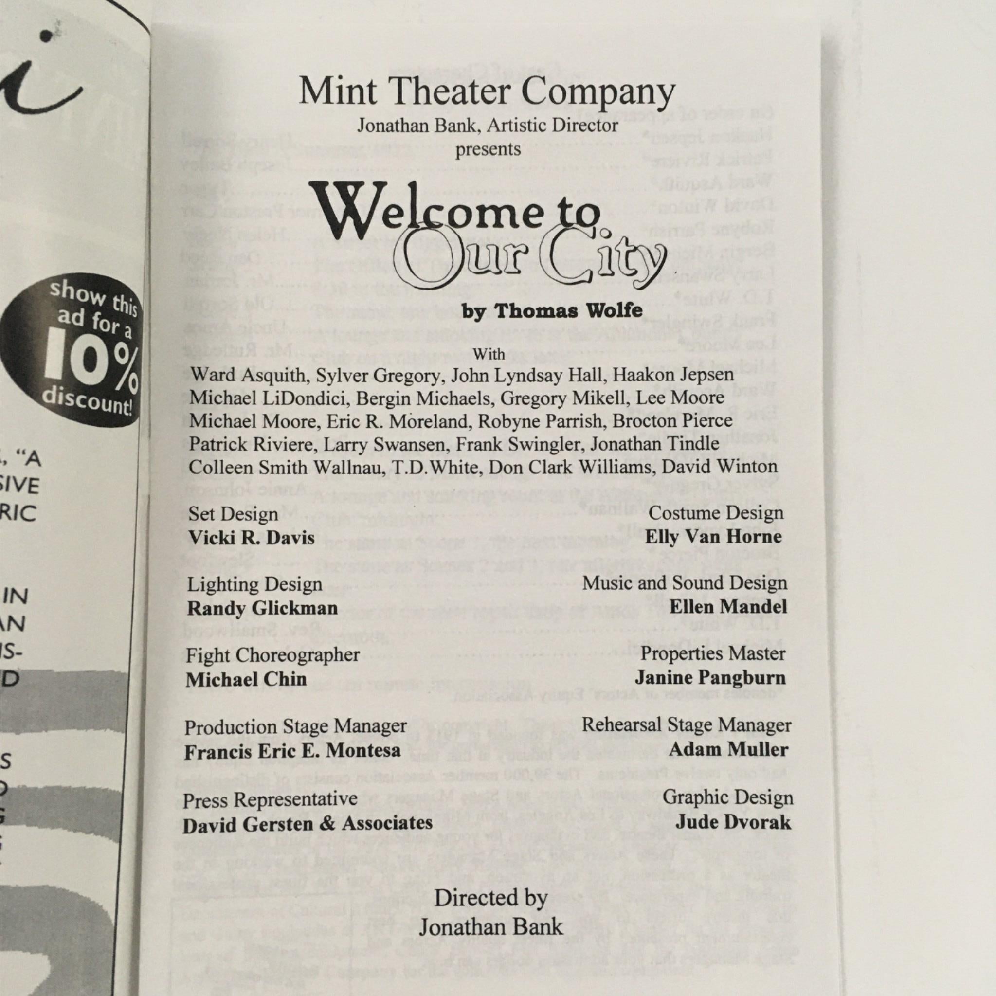 2000 Welcome to Our City by Thomas Wolfe, Jonathan Bank with Mint Theatre