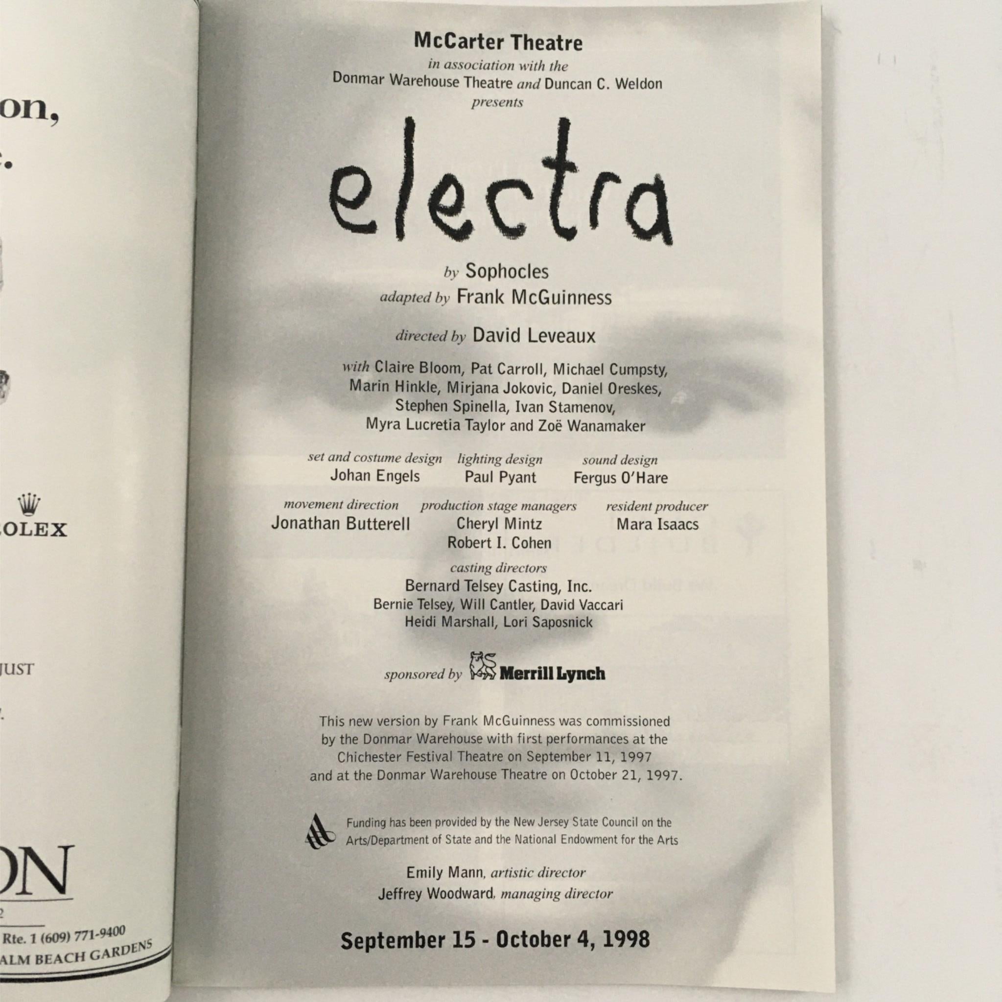 1998 Electra by Sophocles, David Leveaux at McCarter Theatre