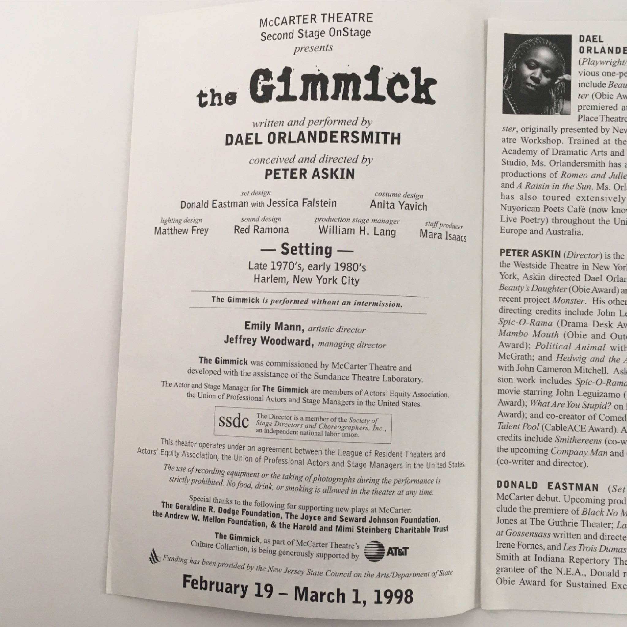 Inside page of 'The Gimmick' documenting the performance by Dael Orlandersmith and Peter Askin, McCarter Theatre, February 1998.