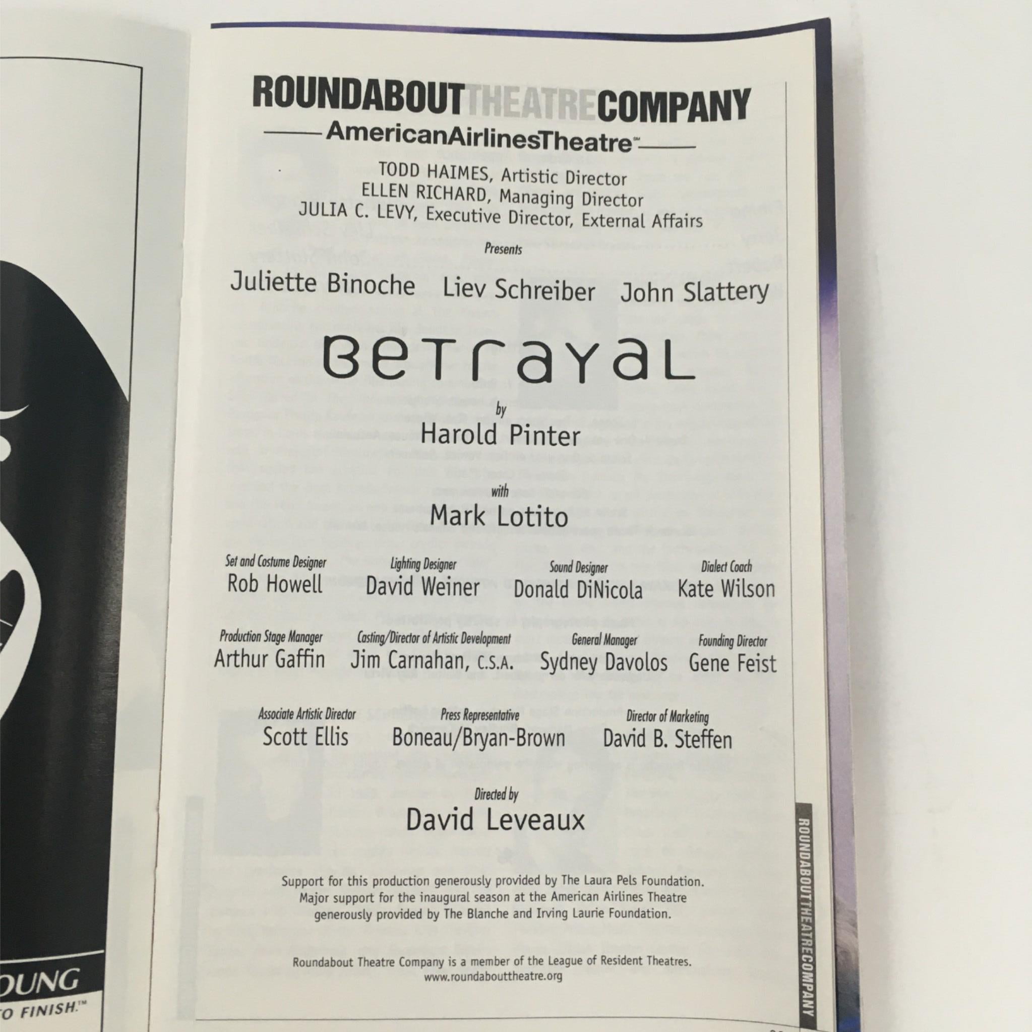 2001 Stagebill Betrayal by Harold Pinter Mark Lotito, American Airlines Theatre