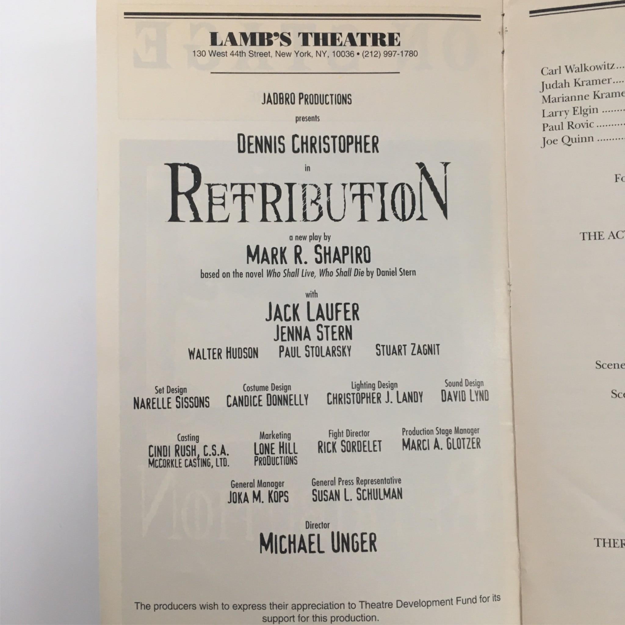 1998 On Stage Retribution by Mark Shapiro, Michael Unger at Lamb's Theatre