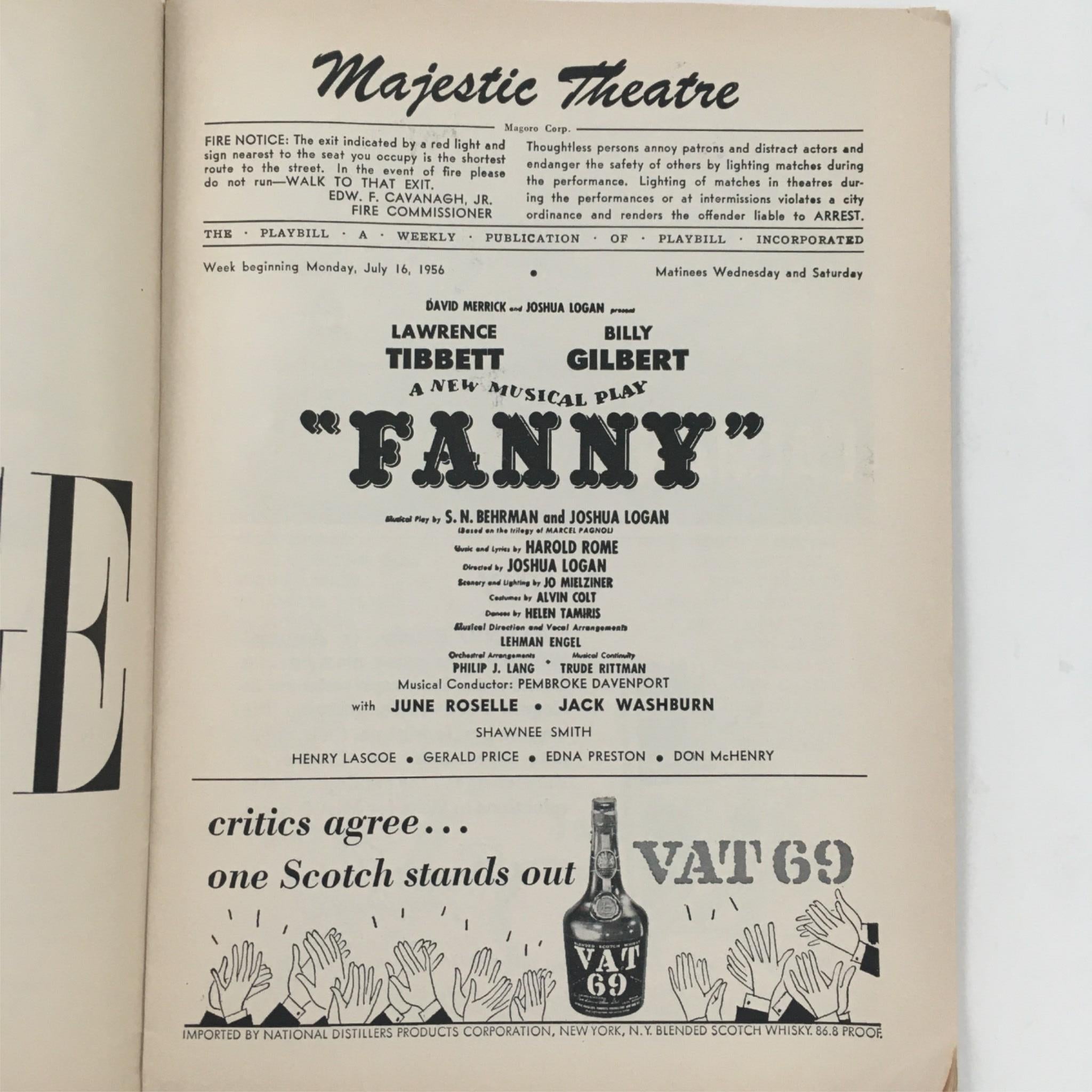 1956 Playbill Fanny by Lawrence Tibbett, Billy Gilbert at Majestic Theatre