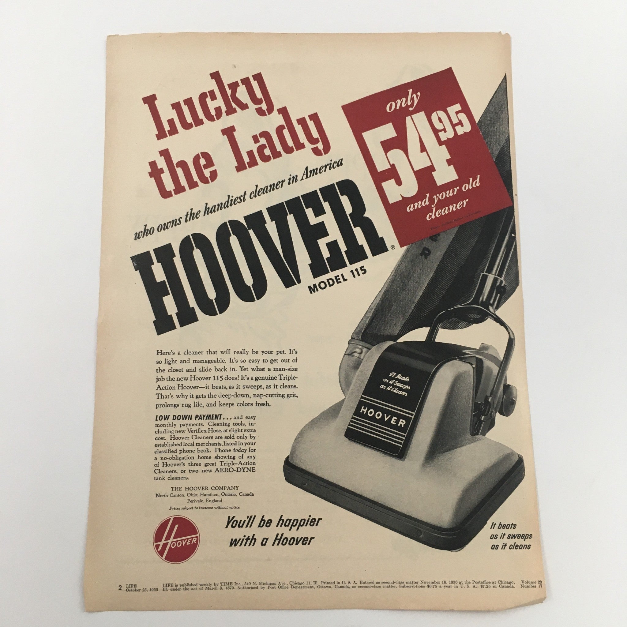 1950 Hoover Model 115 Lucky The Lady Vacuum Vintage Print Ad