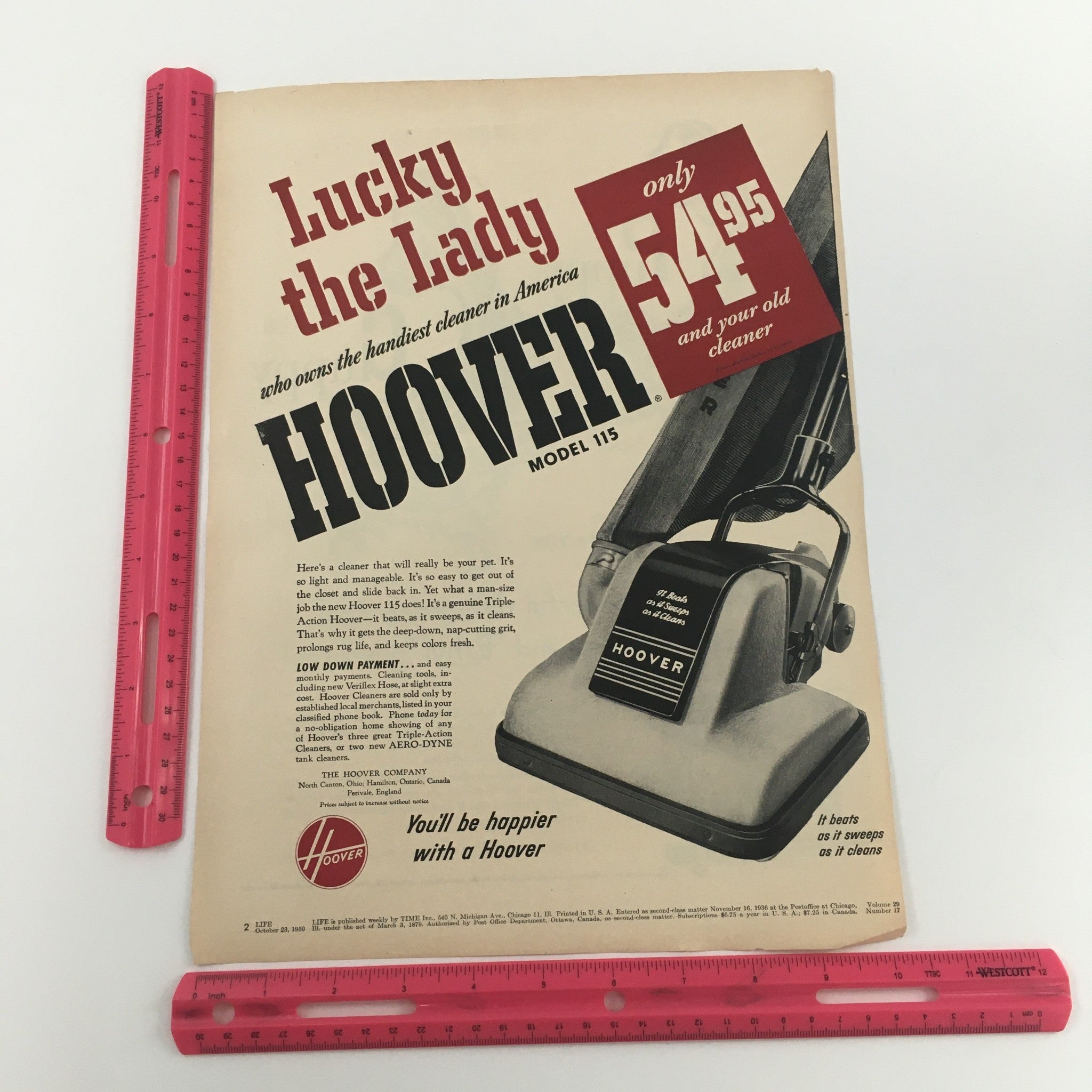 1950 Hoover Model 115 Lucky The Lady Vacuum Vintage Print Ad