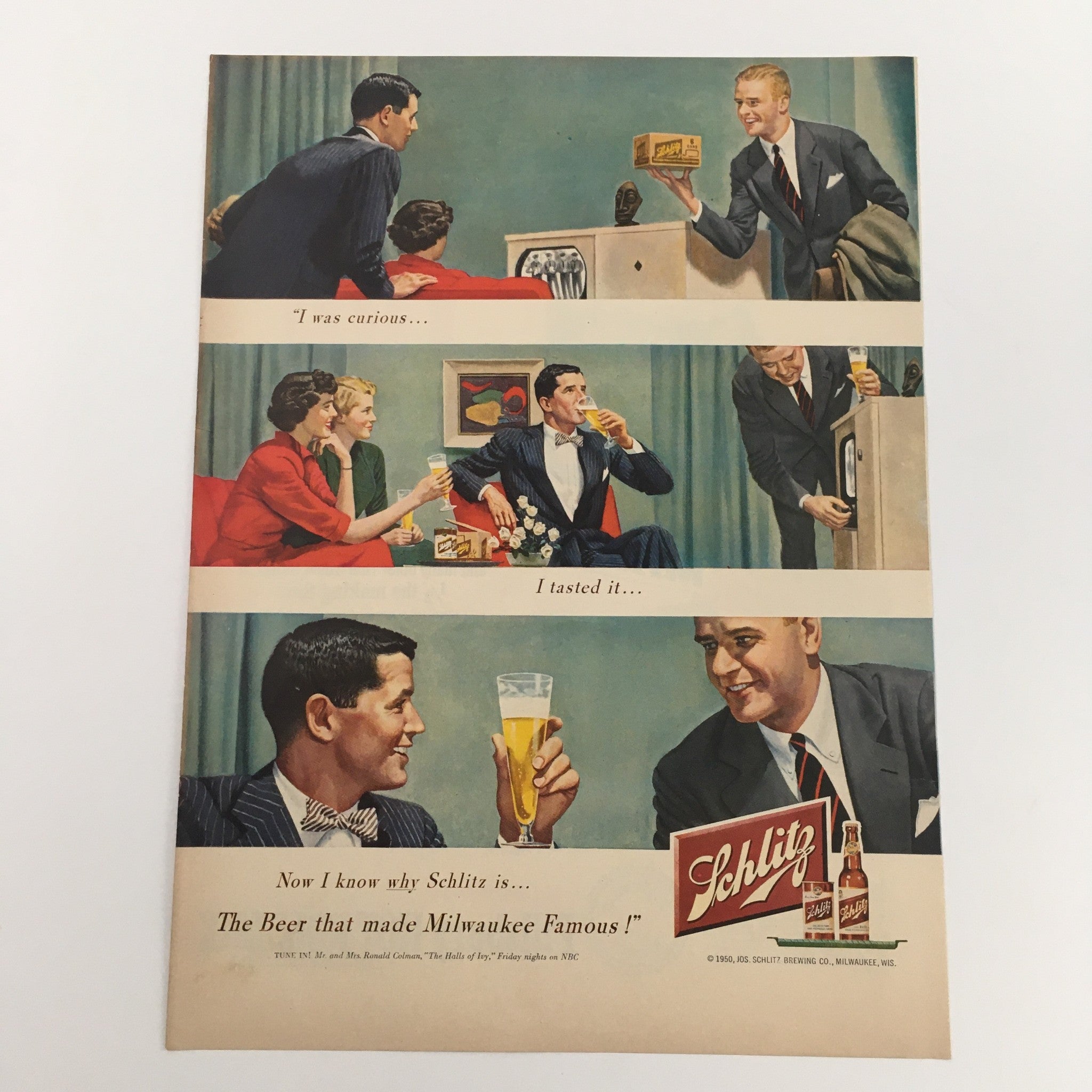 1950 Schlitz Brewing Co. Milwaukee Famous Beer Vintage Print Ad