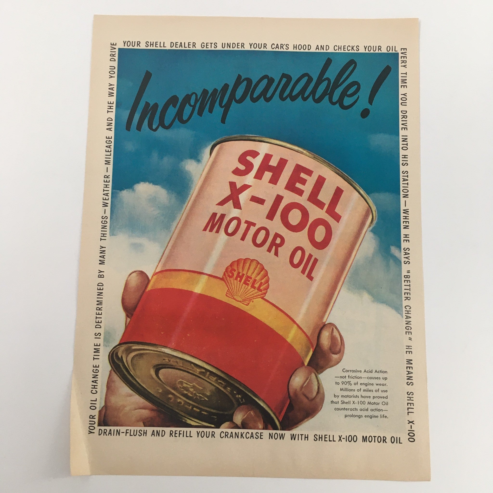 1950 Shell X-100 Motor Oil Counteracts Acid Action Vintage Print Ad