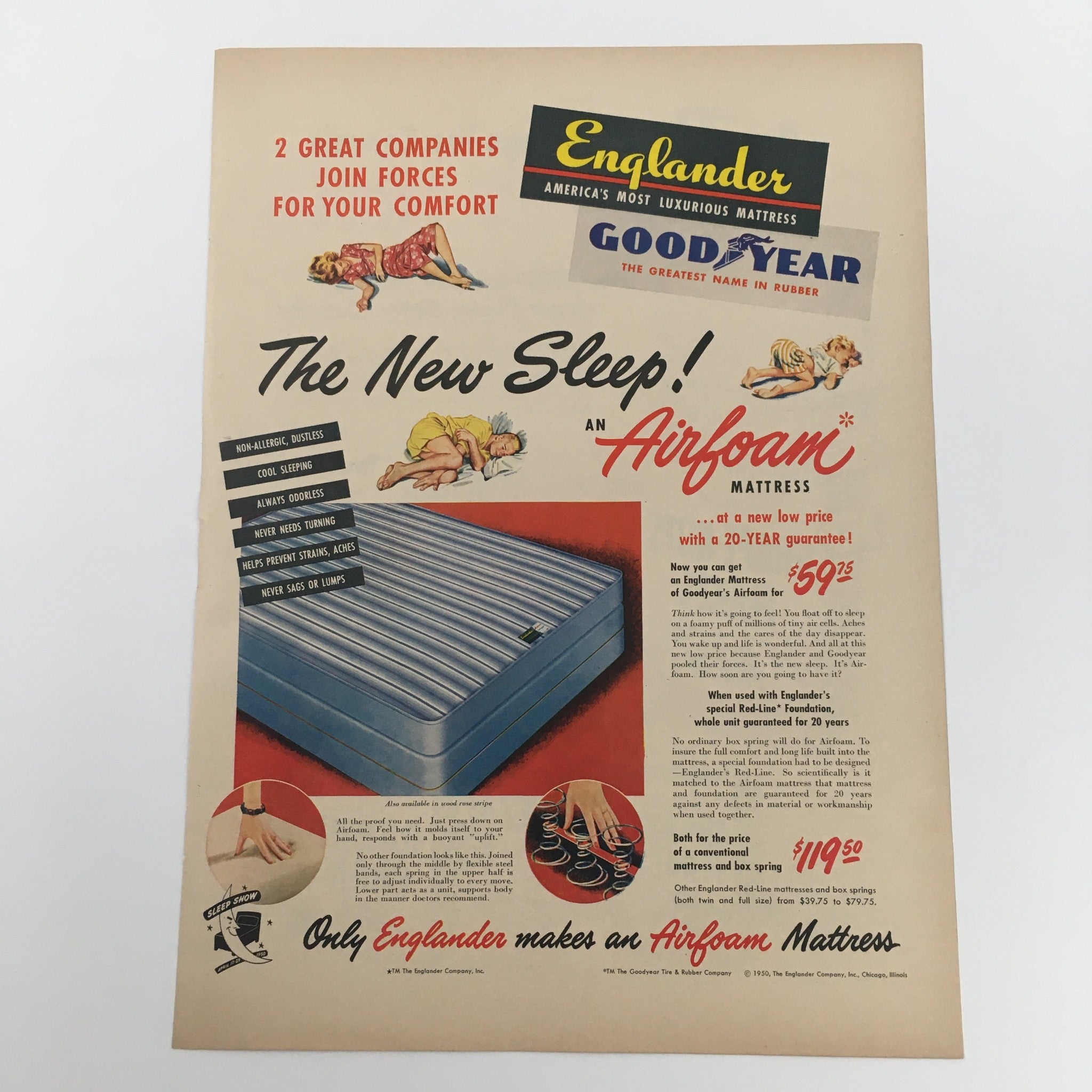 1950 Goodyear Englander Airfoam Mattress Vintage Print Ad