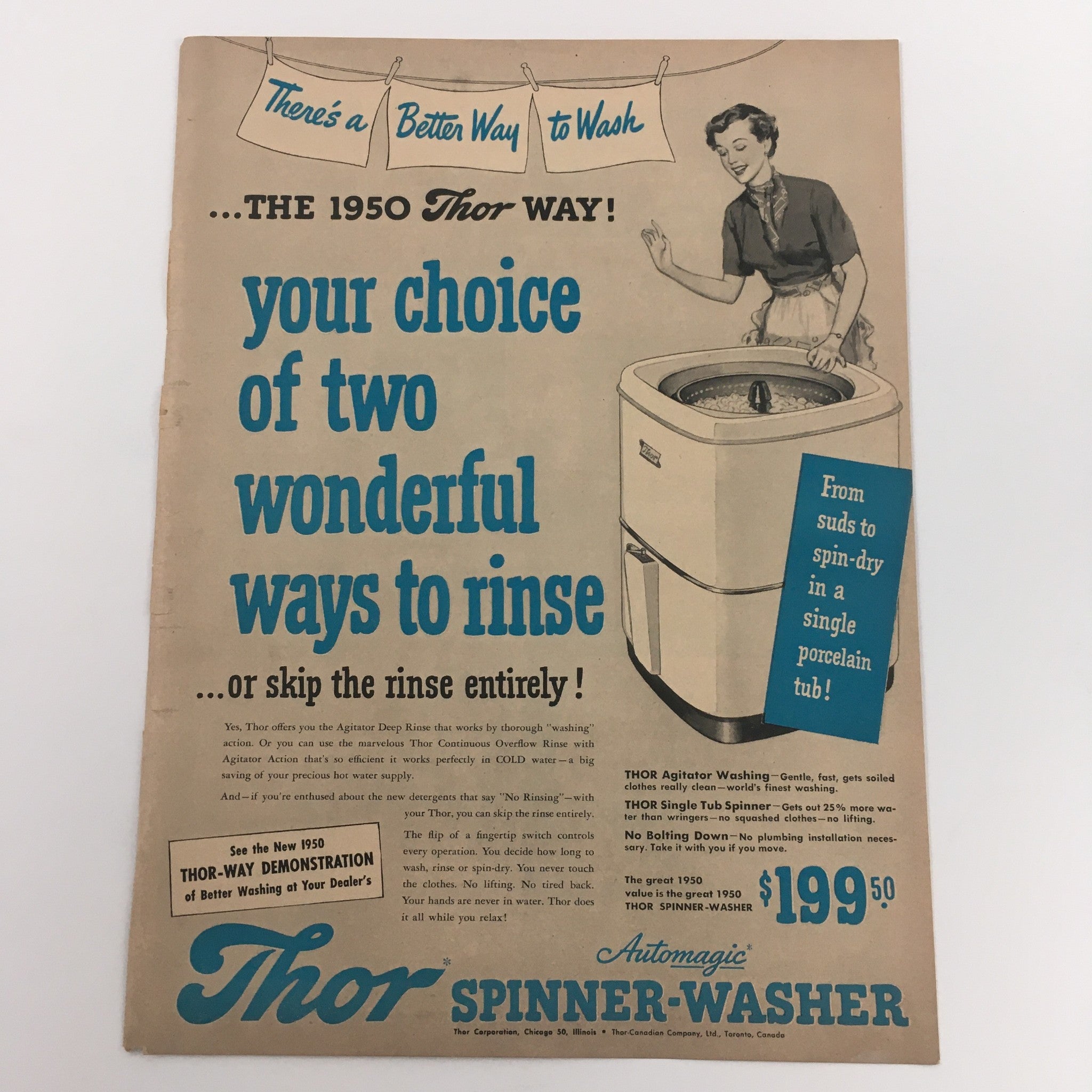 1950 Automagic Thor Spinner-Washer Single Tub Spinner Vintage Print Ad