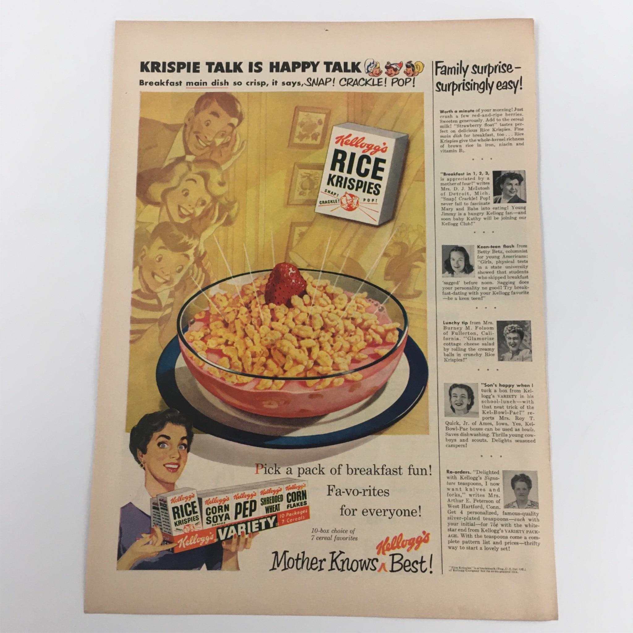 1950 Kellogg's Rice Krispies Breakfast Variety Packed Vintage Print Ad