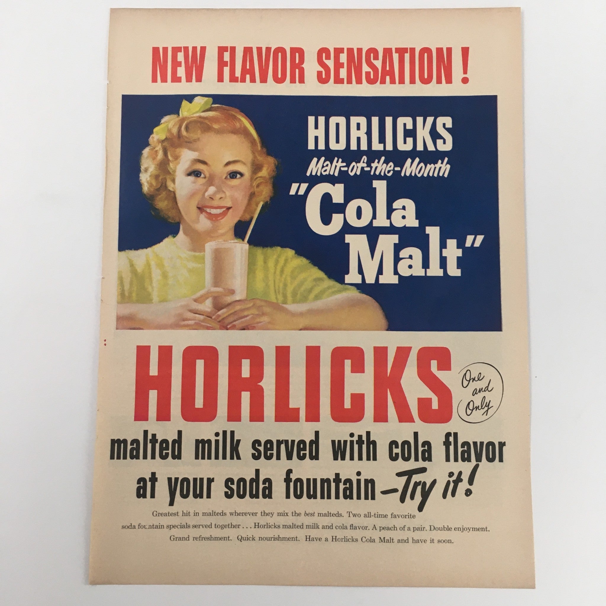 1950 Horlicks Malted Milk Cola Flavor Soda Fountain Vintage Print Ad