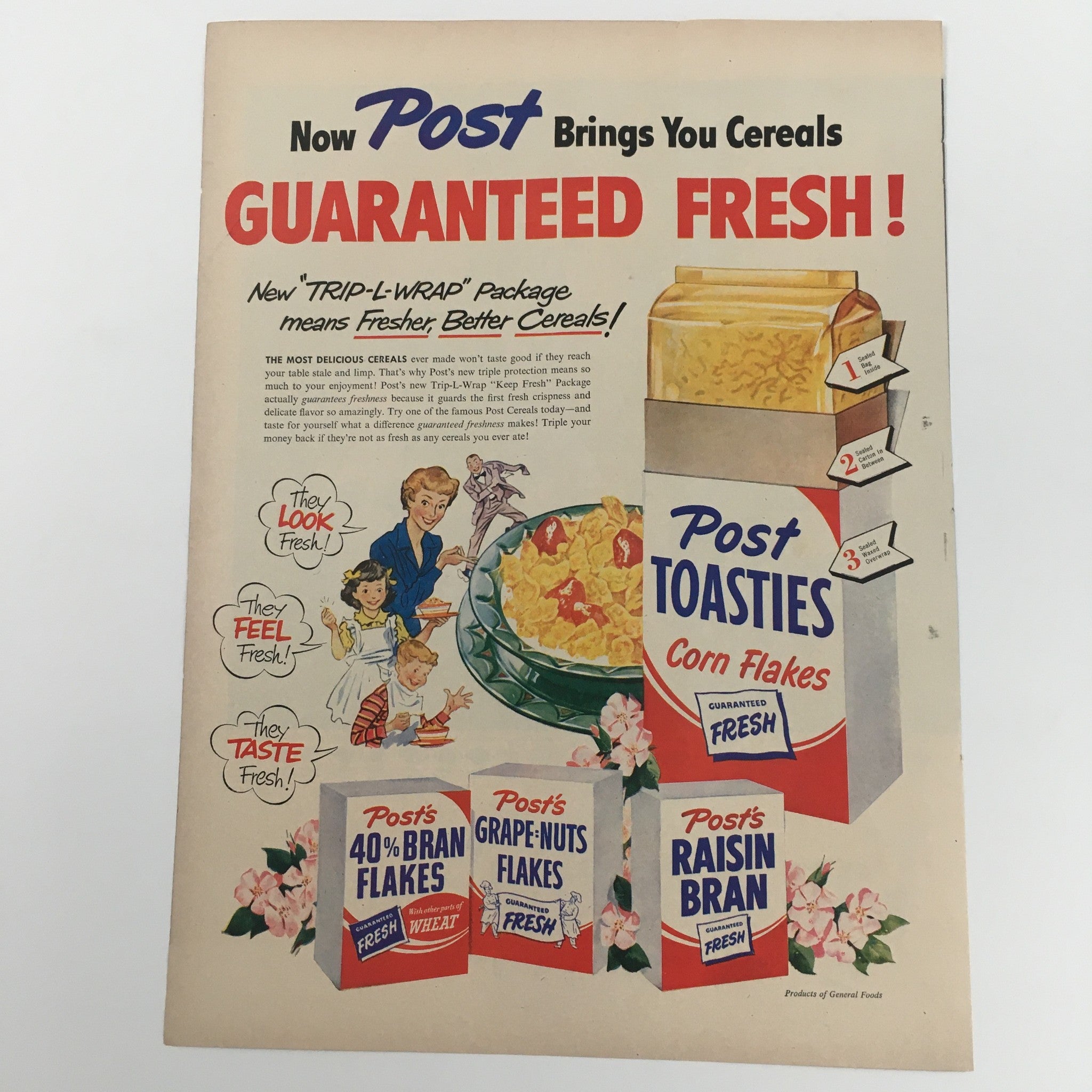 1950 Post Toasties Corn Flakes Guaranteed Fresh Vintage Print Ad