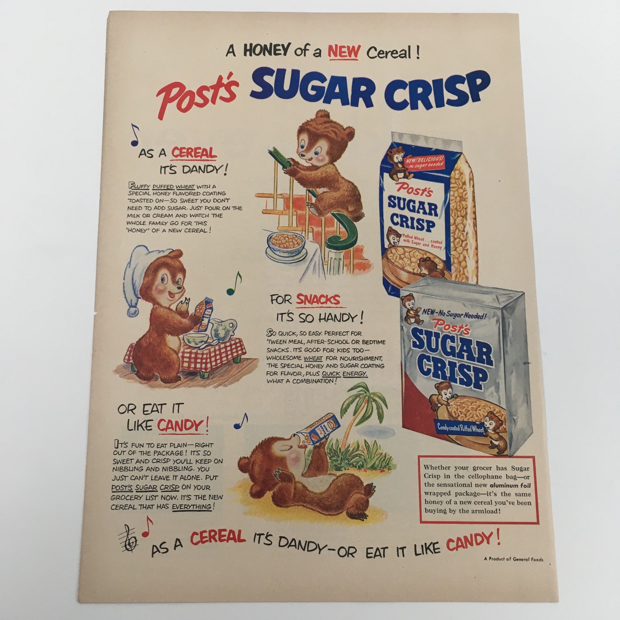 1950 Post's Sugar Crisp Cereal Candy-Coated Puffed Wheat Vintage Print Ad