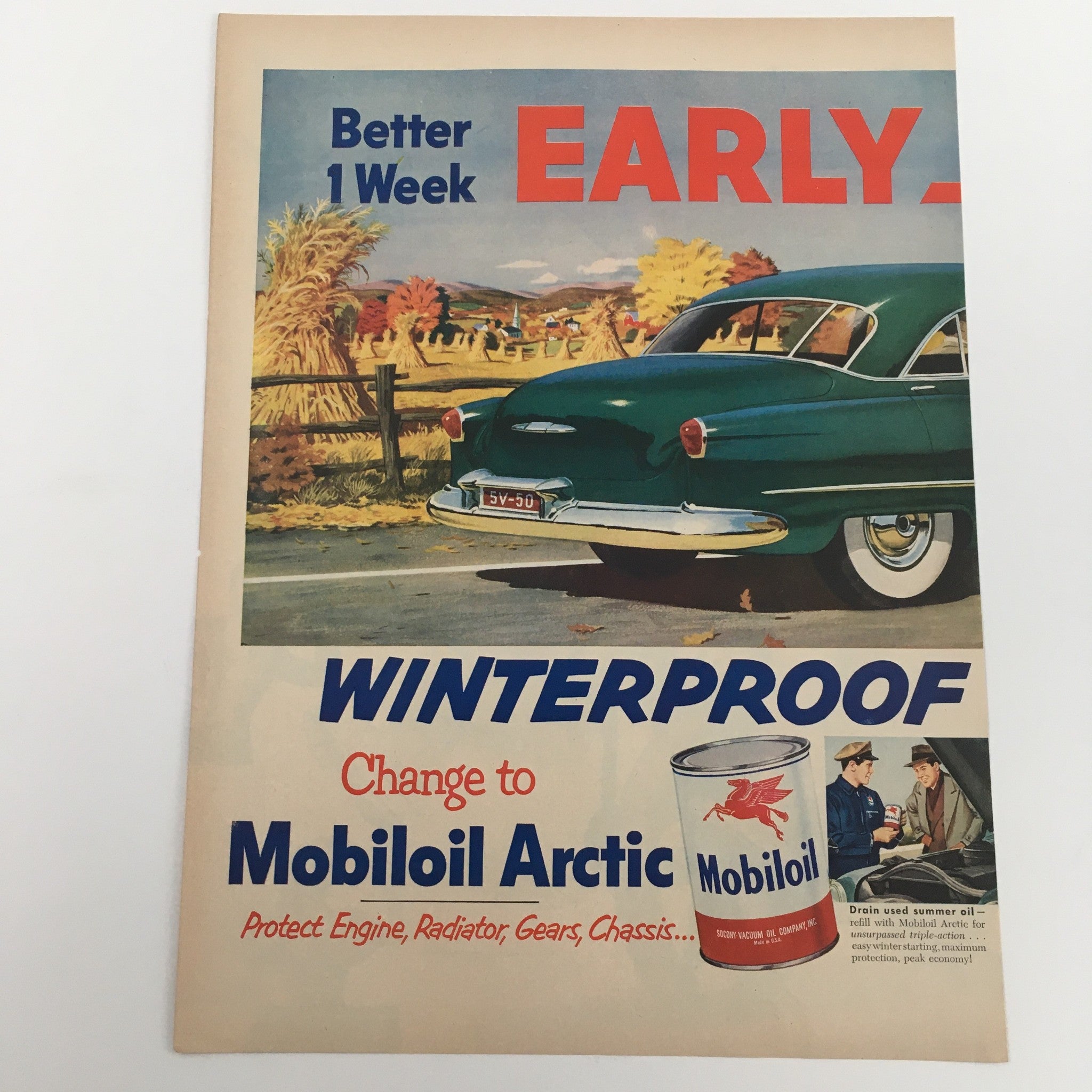 1950 Mobiloil Arctic Winterproof Socony-Vacuum Oil Vintage Print Ad