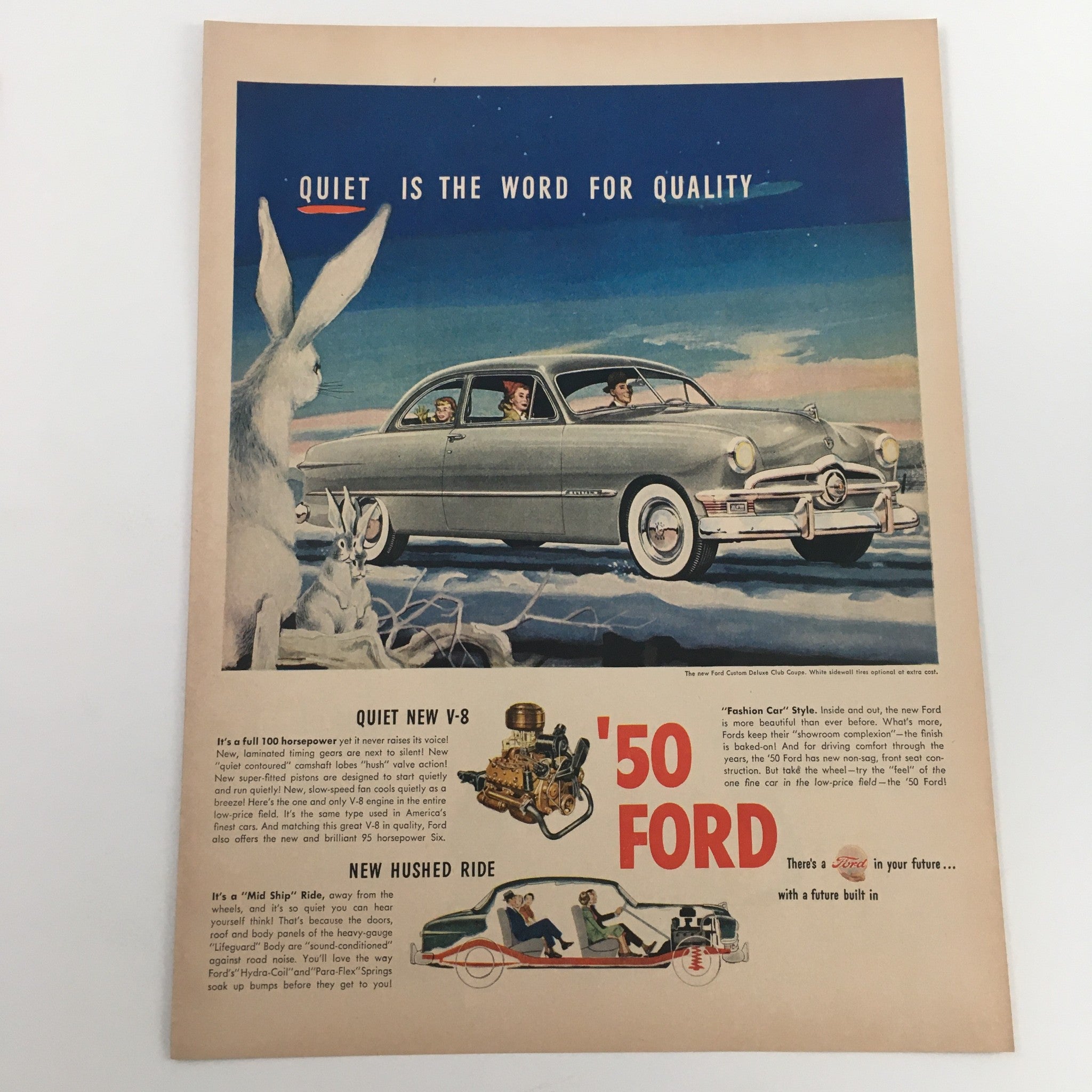 1950 Ford Custom Deluxe Club Coupe White Sidewall Vintage Print Ad