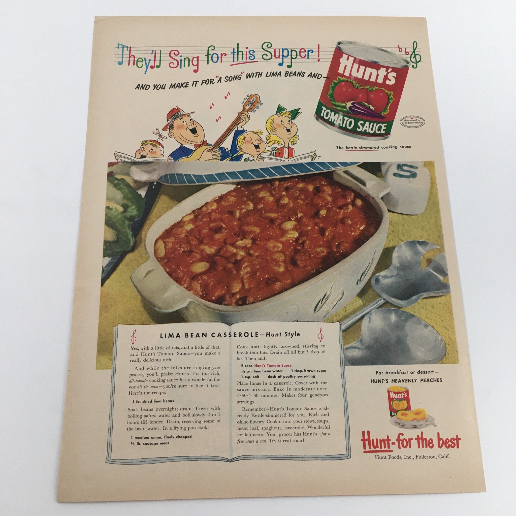 1950 Hunt's Tomato Sauce Lima Bean Casserole Recipe Vintage Print Ad